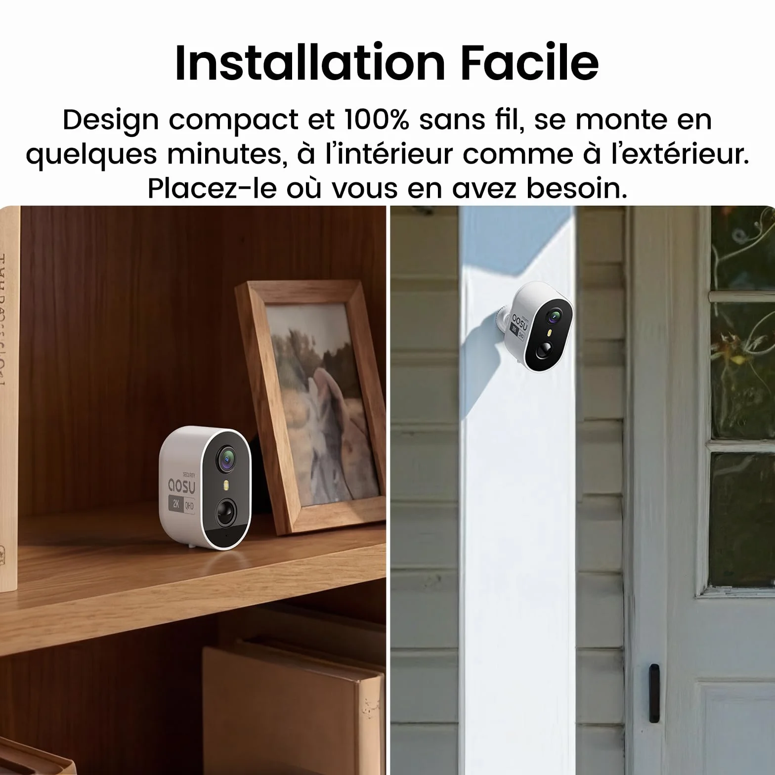 AOSU 2K Caméra Surveillance WiFi Extérieure Intérieur Sans Fil, 4 Cam Kit & 2.0 aosuBase, Sans Abonnement Requis, Extensible à 1 To, AI PIR Détection, Alarme Son et Lumière, Vision Nocturne en Couleur