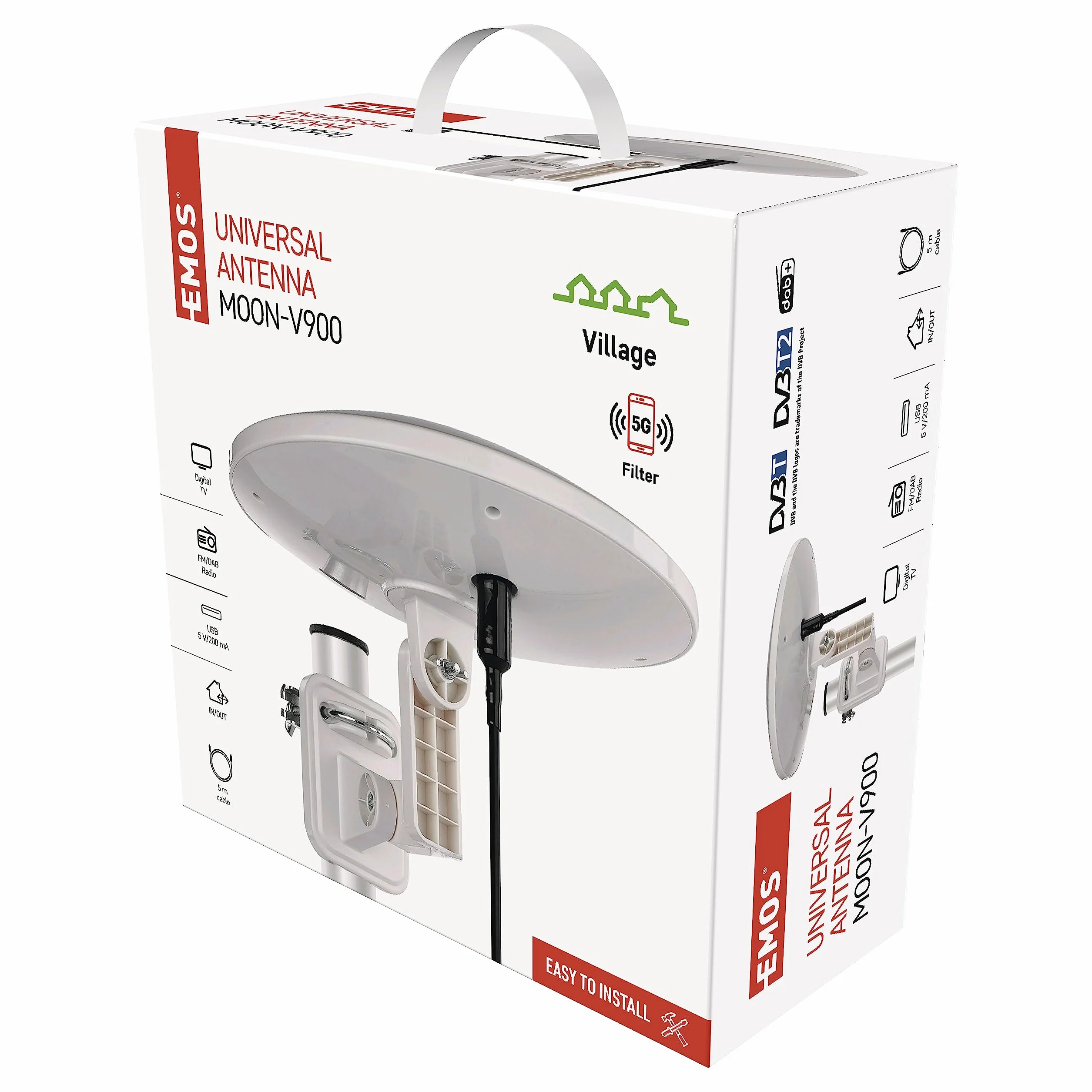 EMOS - Antenne numérique avec amplificateur - pour l'extérieur - Antenne Active Village - Portée 0-80 km - FM/Dab/DVB-T/DVB-T2 - Filtre LTE/4G/5G intégré - Angle de réception 360°