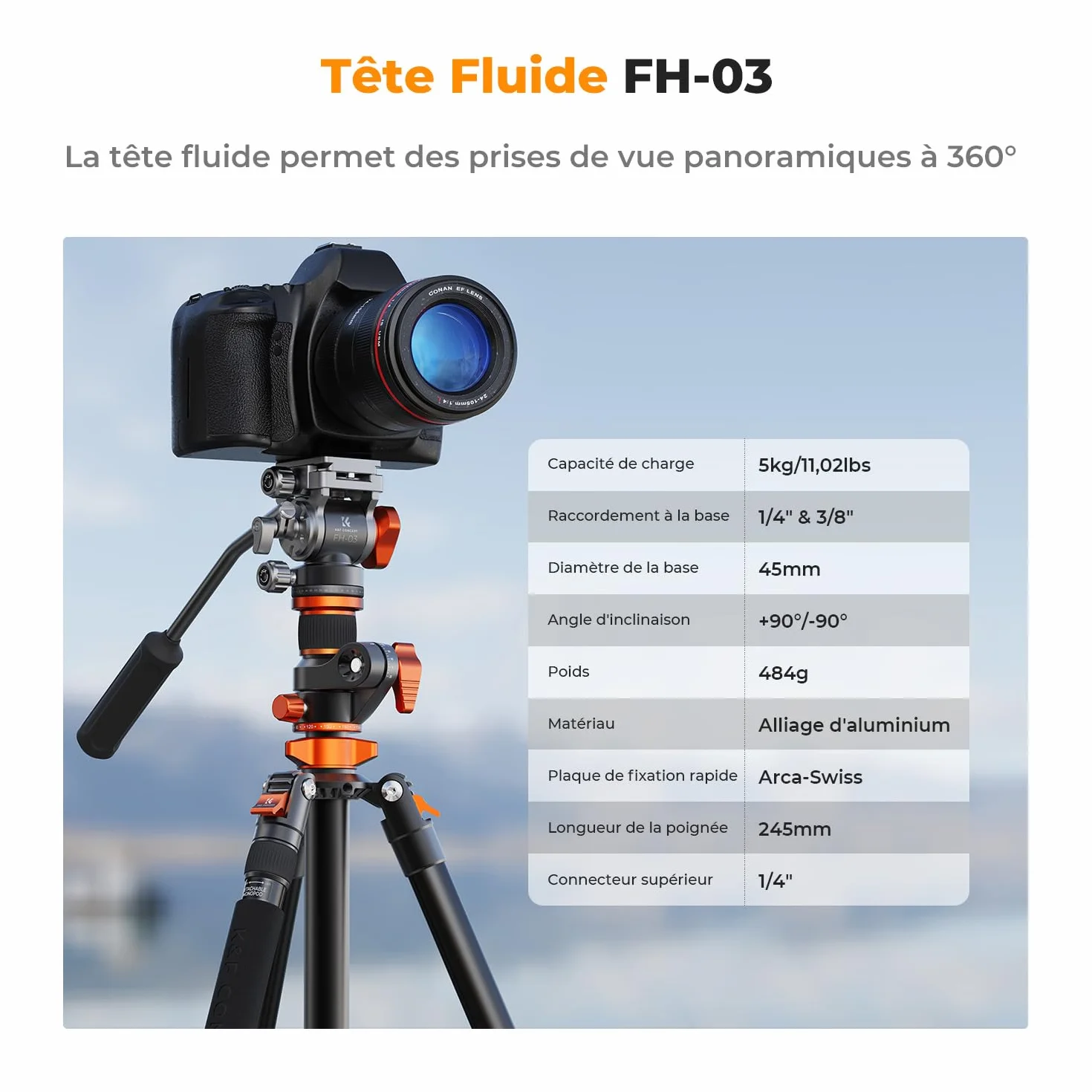 K&F CONCEPT Trépied Vidéo, 231cm Trépied Appareil Photo avec Tête Fluide Inclinaison à 90°/-90°, Horizontal à Colonne Centrale de Rotation à 360°, pour Caméra Vidéo,DSLR, Caméscope -T254A7