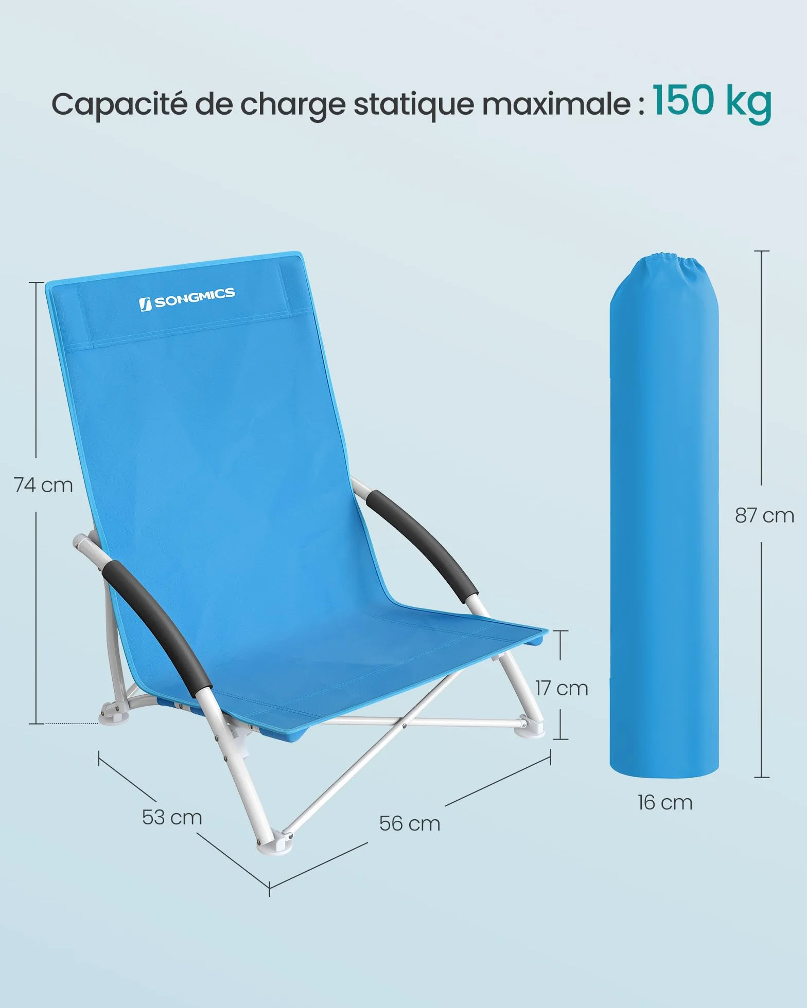 SONGMICS Chaise de Plage Pliante Portable Dossier Haut Grande Capacité de Charge Bleu Clair GCB61BU