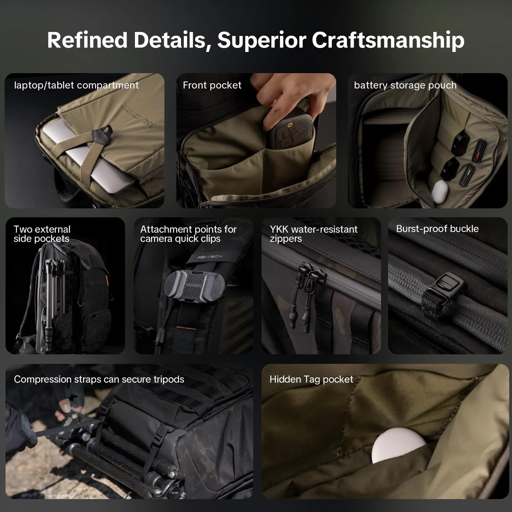 PGYTECH OneMo TAC Sac à Dos pour Appareil Photo Tactique 25L Sac Photographe Imperméable pour DSLR/Hybrides, avec Compartiment Ordinateur 15,6", Housse de Pluie, Porte-Trépied, Camouflage Noir