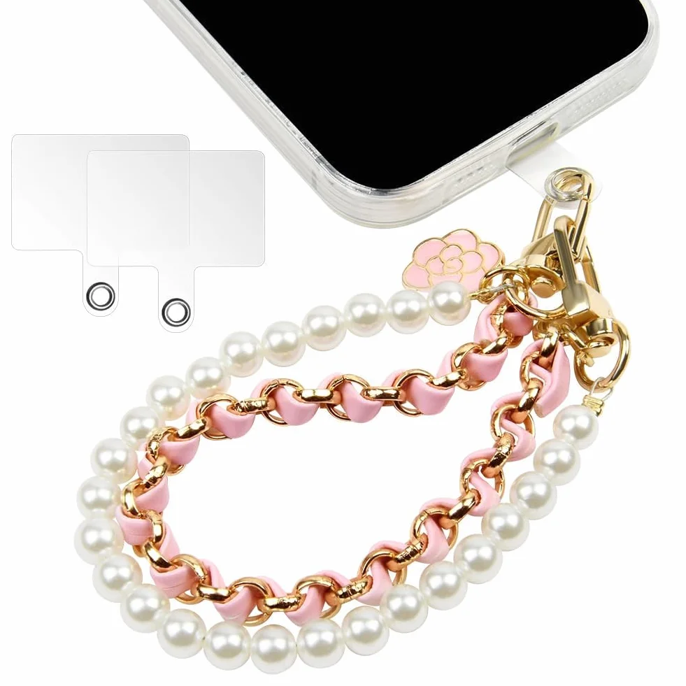 OFFCUP Dragonne de Téléphone, Perle Chaîne Téléphone Portable Charme, Anti-Perte Longe en Cuir Métallique avec Fleur, Bracelet Telephone 2 Patchs Arrière