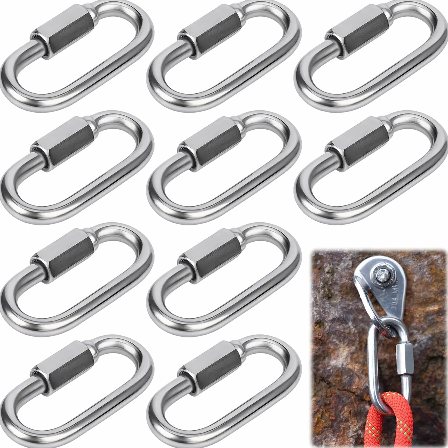 Maillon Rapide INOX M6, Mousqueton à Vis Inoxydable 304 pour Camping Randonnée