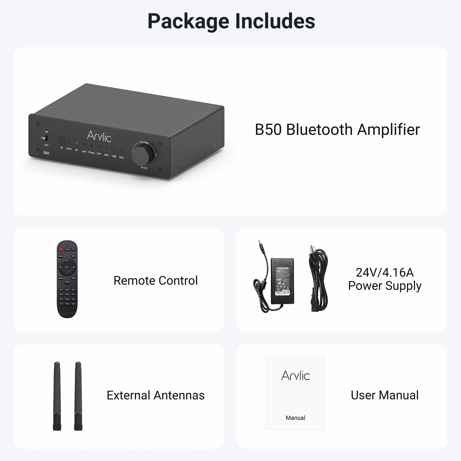 Arylic B50 Amplificateur Stéréo Bluetooth 2 Canaux 50Wx2 Home Audio avec HDMI Arc Opt DAC Phono