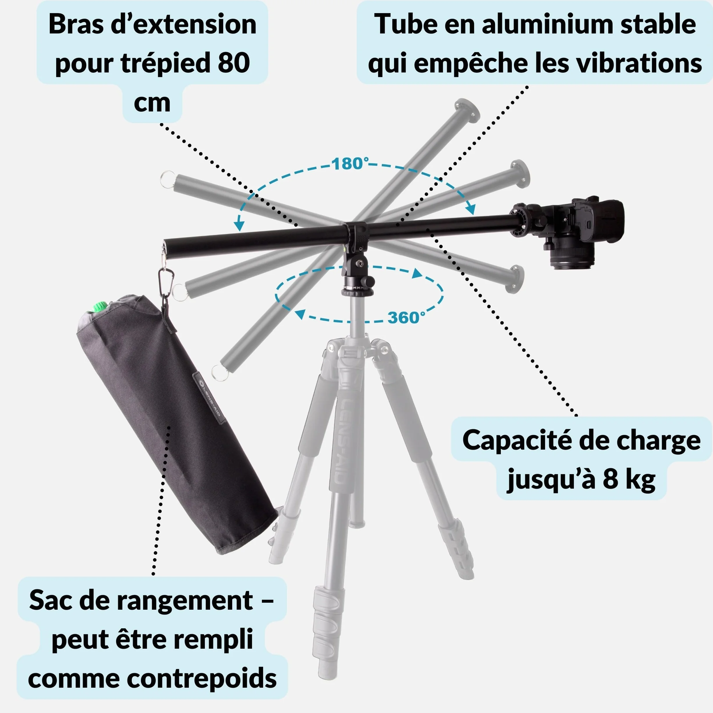 Lens-Aid Bras d'extension pour trépied d'appareil photo : barre transversale réglable pour photos en studio et macrophotographie