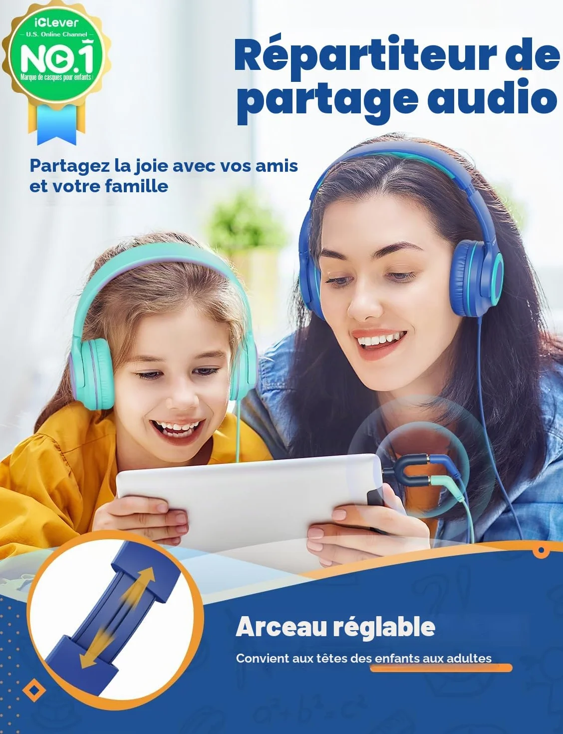 iClever Casque Audio Enfants, Volume Sécurisé Limité 85 dBA – Casque pour Enfant Filaires avec Répartiteur de Partage, écouteurs Stéréo Pliables sans Enchevêtrement pour l'école/Tablette/Voyage