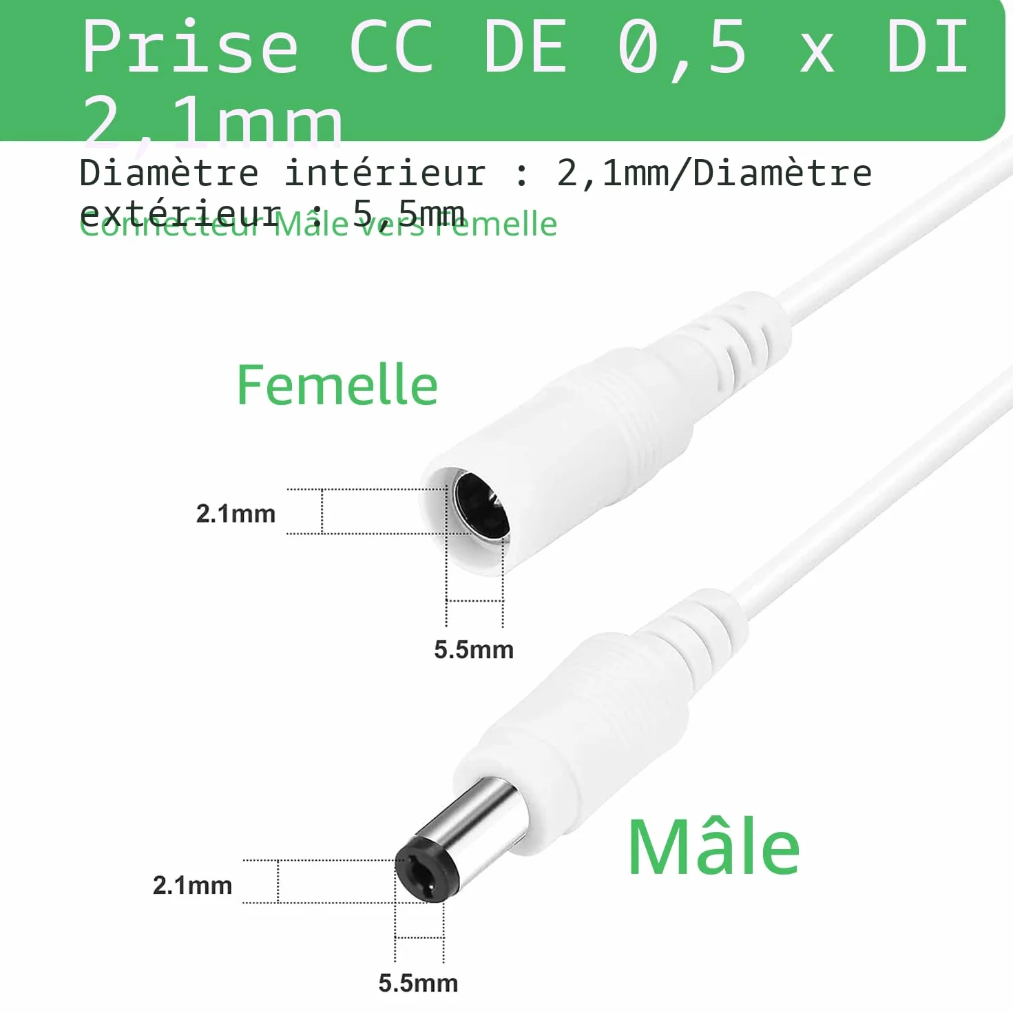 Câble d'extension de 3 m, prise 5,5 mm x 2,1 mm, DC 5 V 6 V 9 V 12 V 24 V pour caméra de vidéosurveillance, illuminateur infrarouge, imprimante, bande LED, blanc