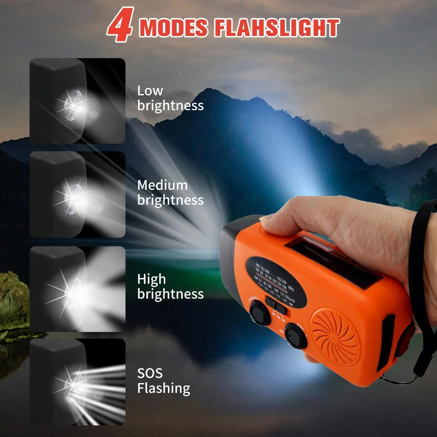 Radio Solaire 5000mAh Portable d'urgence à Manivelle Dynamo avec AM/FM Radio à Piles Dynamo, Survie Poche LED Charge de Téléphone à Manivelle pour la Randonnée et l'extérieur (Orange)
