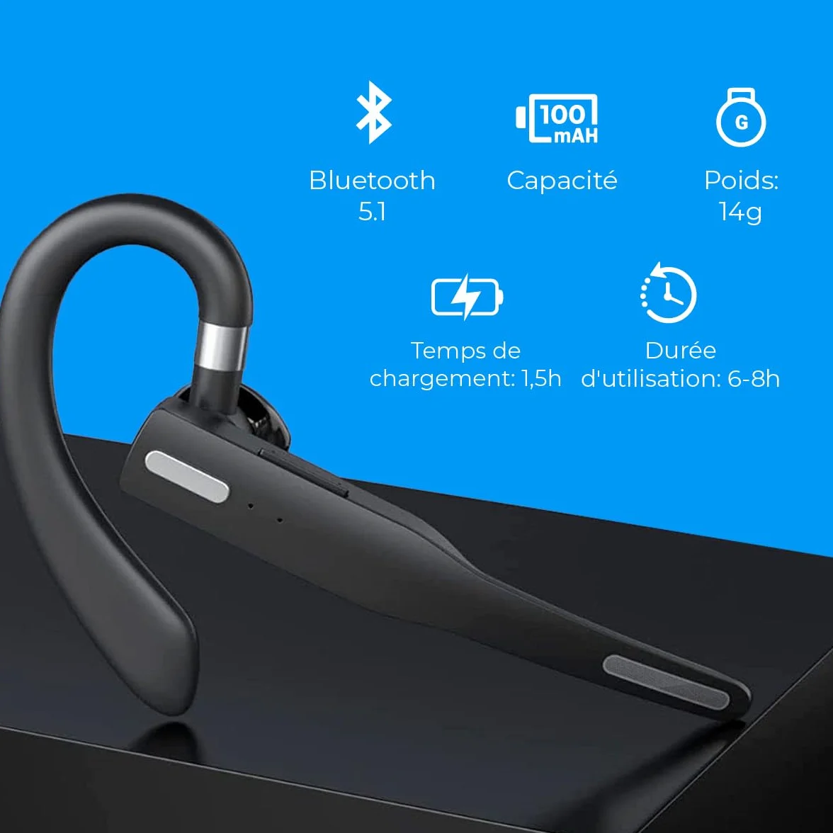 NK Casque d'écoute sans Fil avec Bluetooth 5.0 - Casque d'écoute avec kit Mains Libres, Microphone, Capture de la Voix Claire, Batterie de 100 mAh, étui de Transport Inclus - Iphone & Android