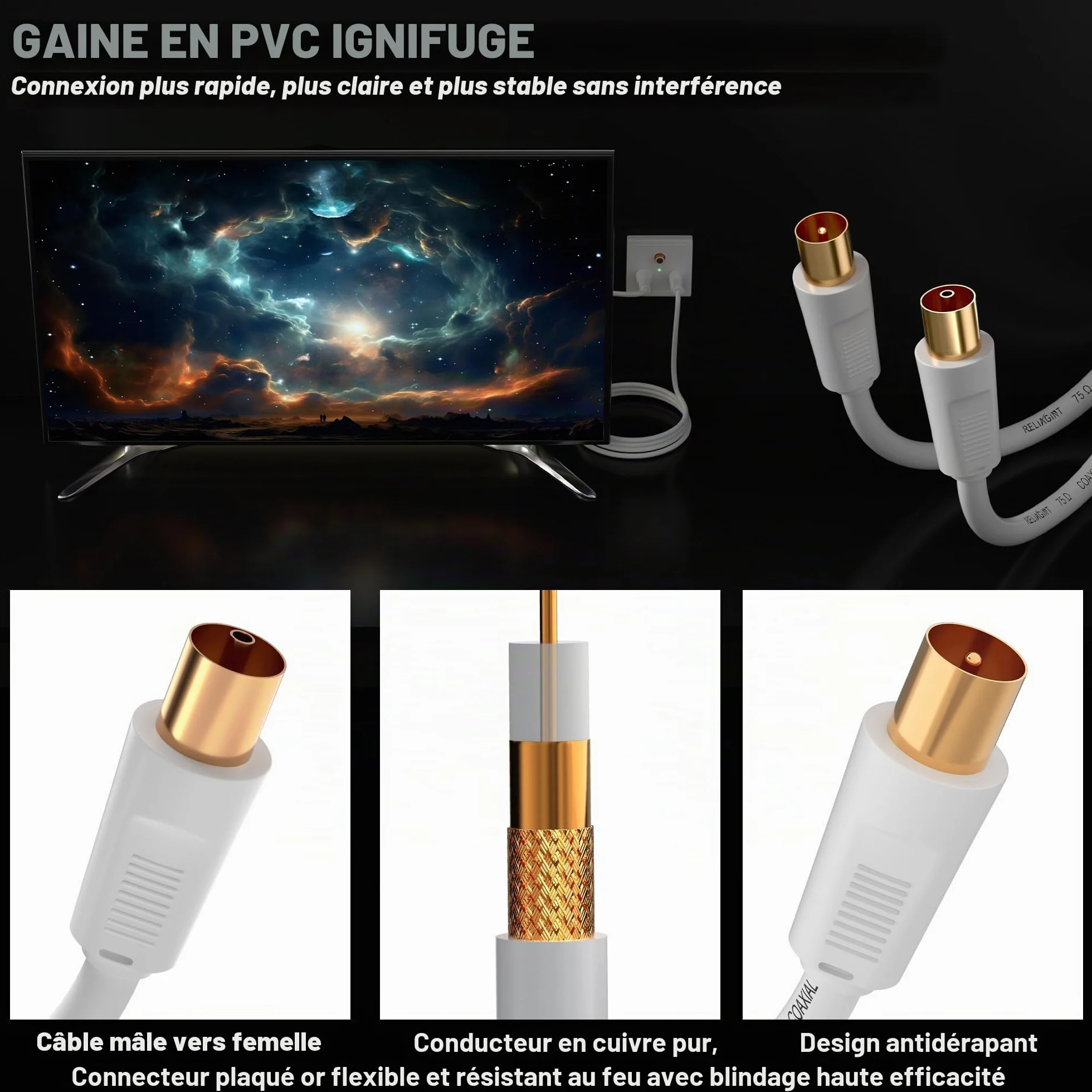 RL Flex Câble antenne TV coaxial 1m, rallonge mâle/femelle 75 Ohm, conducteur en cuivre pur, pour TNT, TV câble et satellite (DVB-T/T2/C/S/S2), Blanc