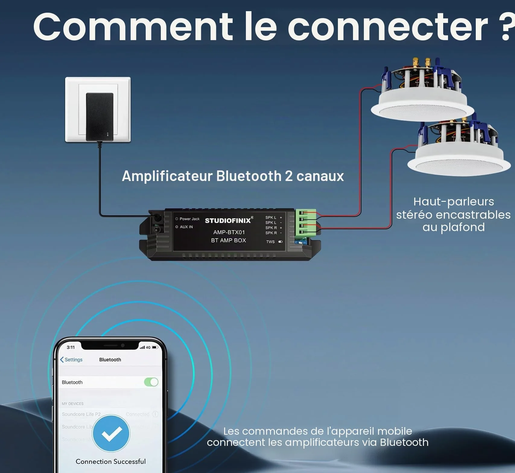 STUDIOFINIX Haut-parleur Bluetooth 6,5" 320 W 2 voies murale pour la maison, la salle de bain, la cuisine, le bureau avec son plein gamme