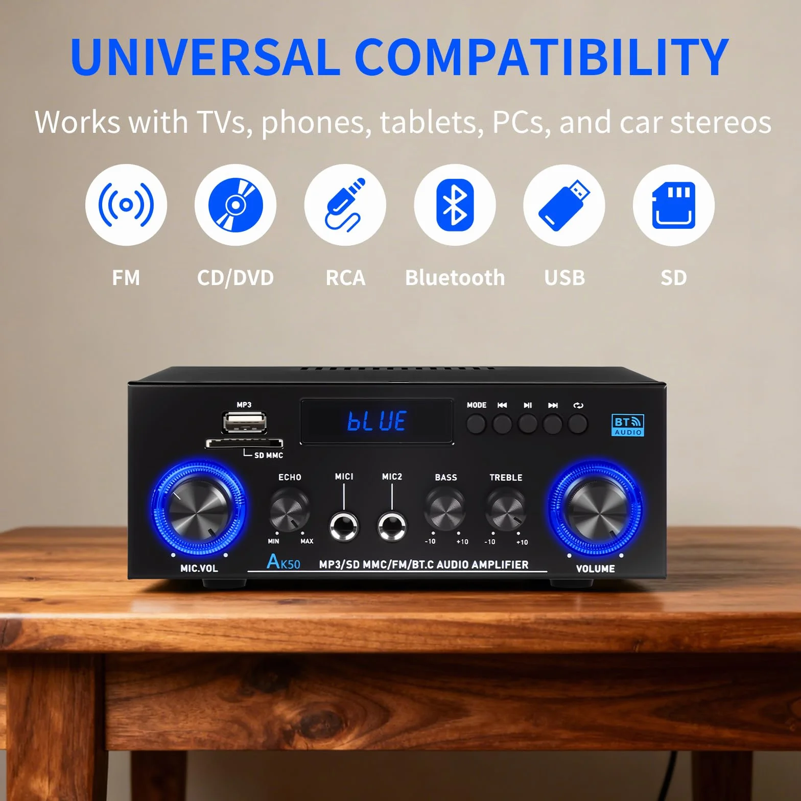 Amplis Amplificateur Stéréo Bluetooth 5.3 1000W Puissance Maximale avec Radio FM et Micro, Système Audio Hi-Fi 2.0 Canaux 50W+50W RMS, Contrôle Basse/Aigus pour Maison, Voiture, Karaoké, TV