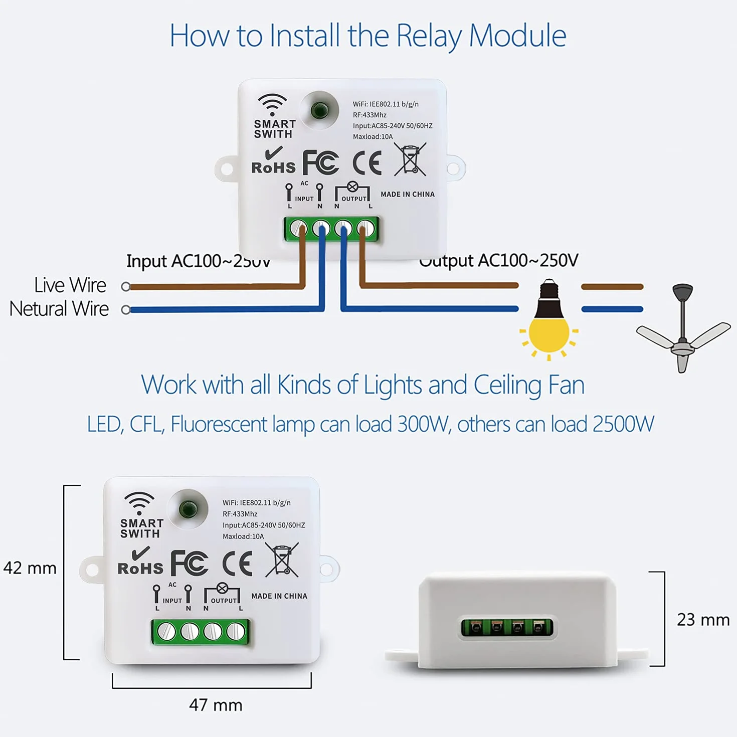 DieseRC Mini commutateur WiFi sans fil télécommande RF 2500W 10A 3 récepteurs avec 1 interrupteur mural sans fil contrôle intelligent via l'application Tuya compatible avec Alexa/Google Home