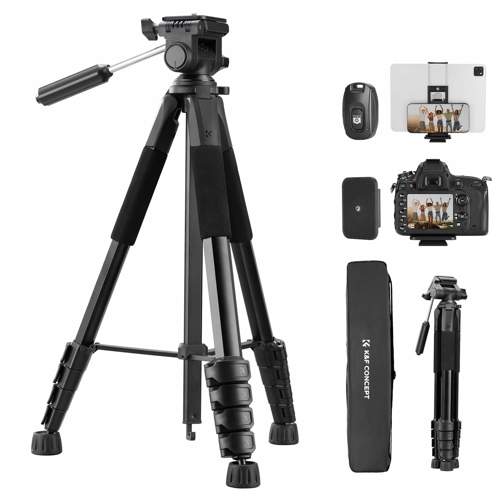 Trépied Appareil Photo pour Smartphone 190cm, K&F CONCEPT S255A3+BV01 Trépied Caméra avec Clip de Téléphone, pour DSLR Nikon Canon Sony, iPhone, Samsung, Tête Pan Amovible, Télécommande Bluetooth