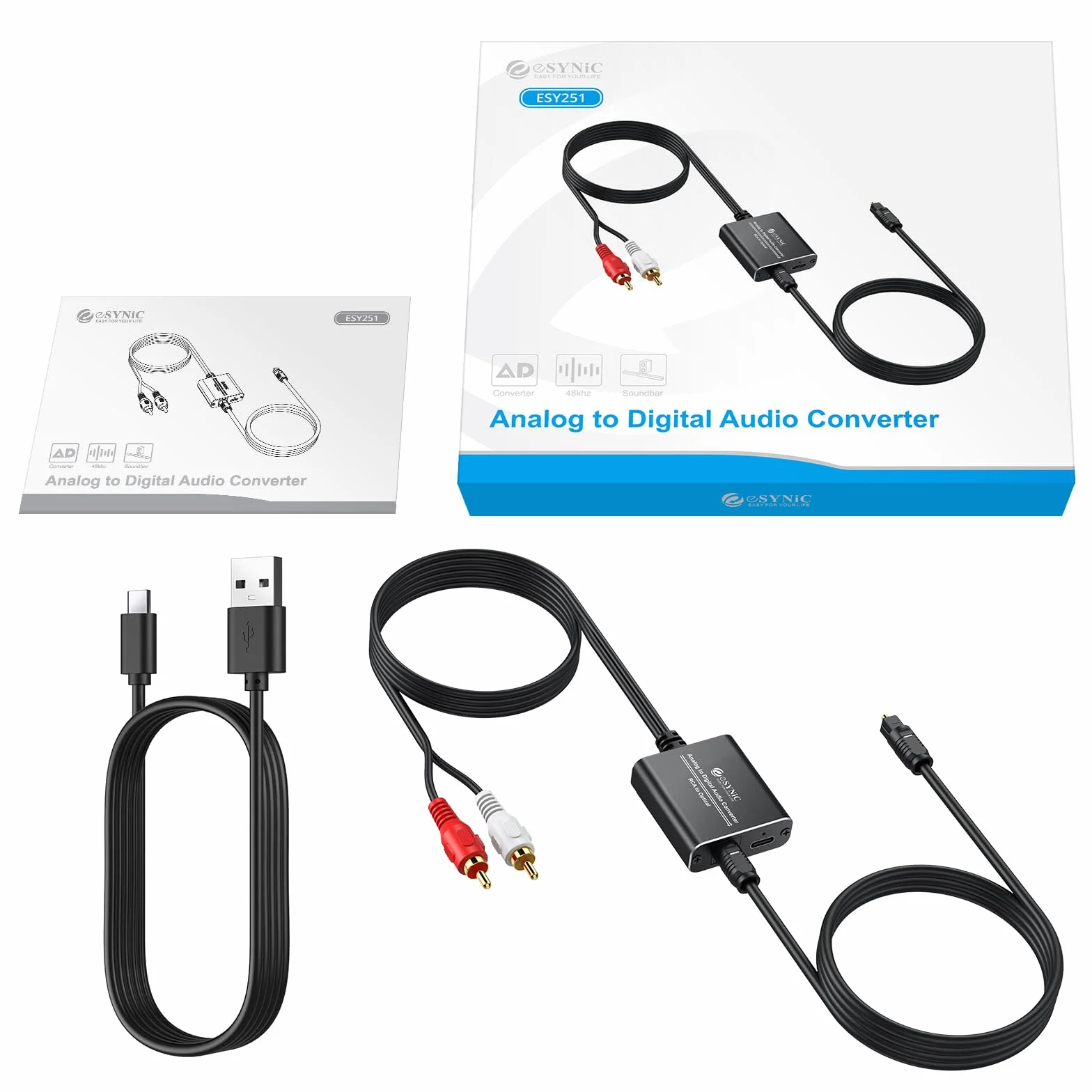 eSynic Convertisseur RCA vers SPDIF RCA vers Optique 48KHz Alliage Aluminium Câble Intégré de 1,1m Convertisseur Audio Analogique-numérique pour Platine CD DVD vers Soundbar