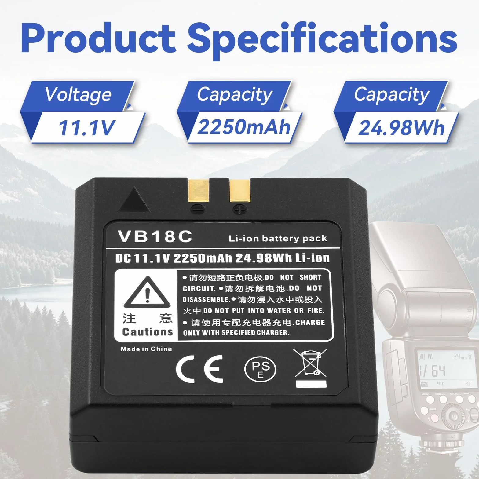 K KYUER VB18 Flash Batterie pour Godox V850 V860 V850II V860II Series, 2250mAh Batterie Compatible avec V860II-N V860II-C V860II-S V860II-F V860II-O, Neewer TT850, TT860 Speedlite Flash, Type-C Cable