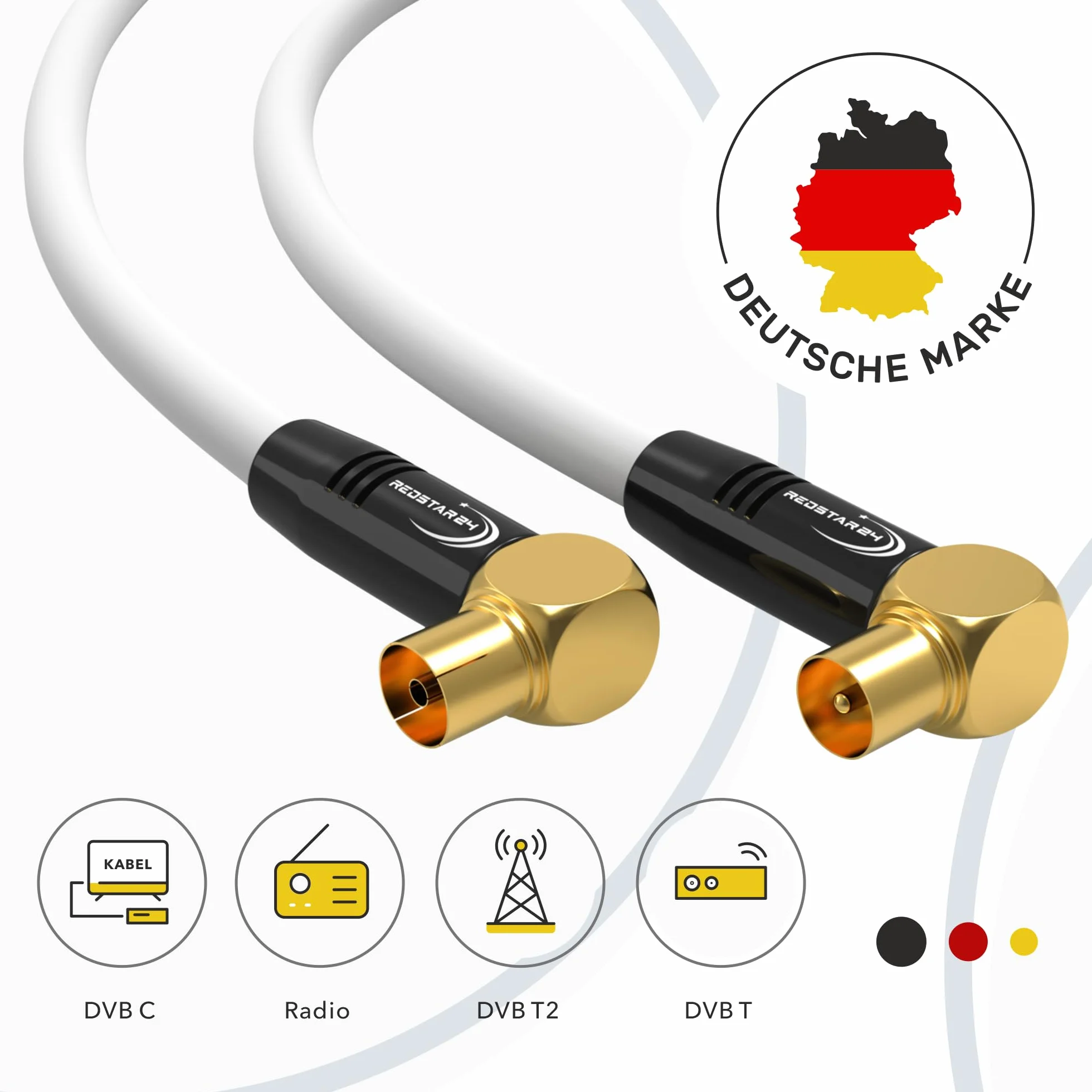 RedStar24 Câble d'antenne coaxial HDTV de 1,5 m blanc - Coudé à 90° - Mâle vers femelle - Câble coaxial HDTV de qualité supérieure pour télévision par câble - Câble TV : compatible avec TV, radio