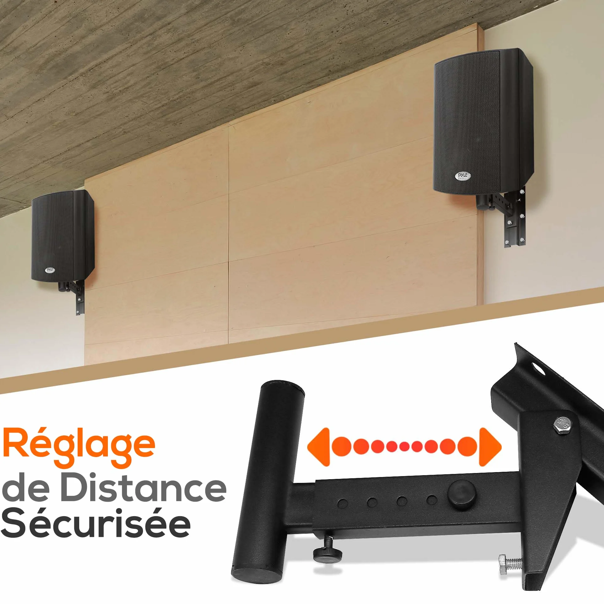 Pyle Support Mural d’Enceinte Universel – Paire Réglable Jusqu’à 31,7 cm du Mur, Inclinaison 90°-30°, Rotation, Goupille de Sécurité en Acier Solide – Fixation Murale Hi-FI/Home Cinéma