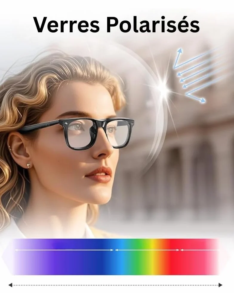 Lunettes Connectées IA, Bluetooth, Unisexe, Appels, Musique, Traduction Vocale 134 Langues, IP65 Étanche, 25g, Verres Noir