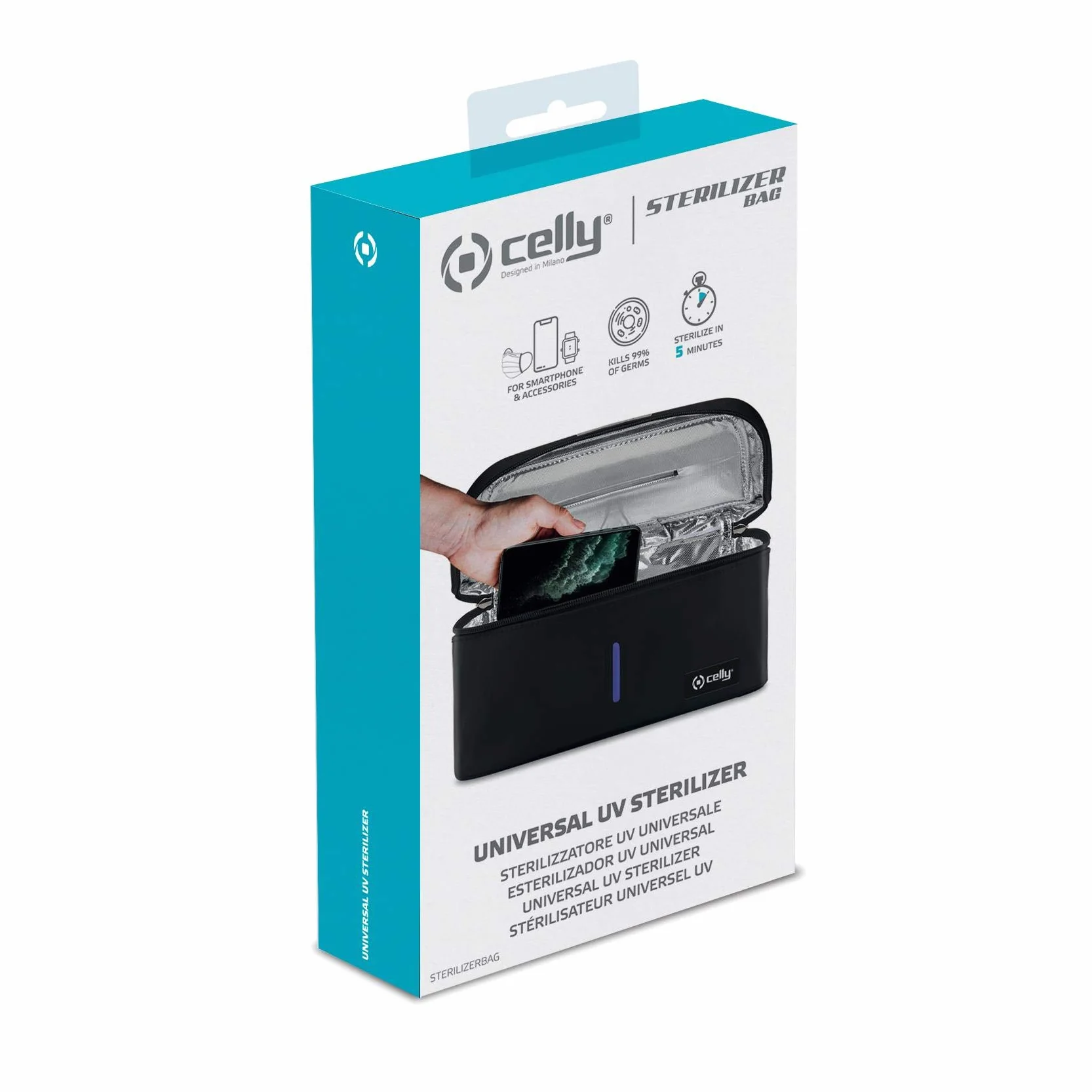 Celly Machine de stérilisation Universelle à Rayons UV (certifications), Sac désinfectant avec Rayons UV-C pour Smartphones et Accessoires, tablettes jusqu'à 8", Montres, Masques, Gants.