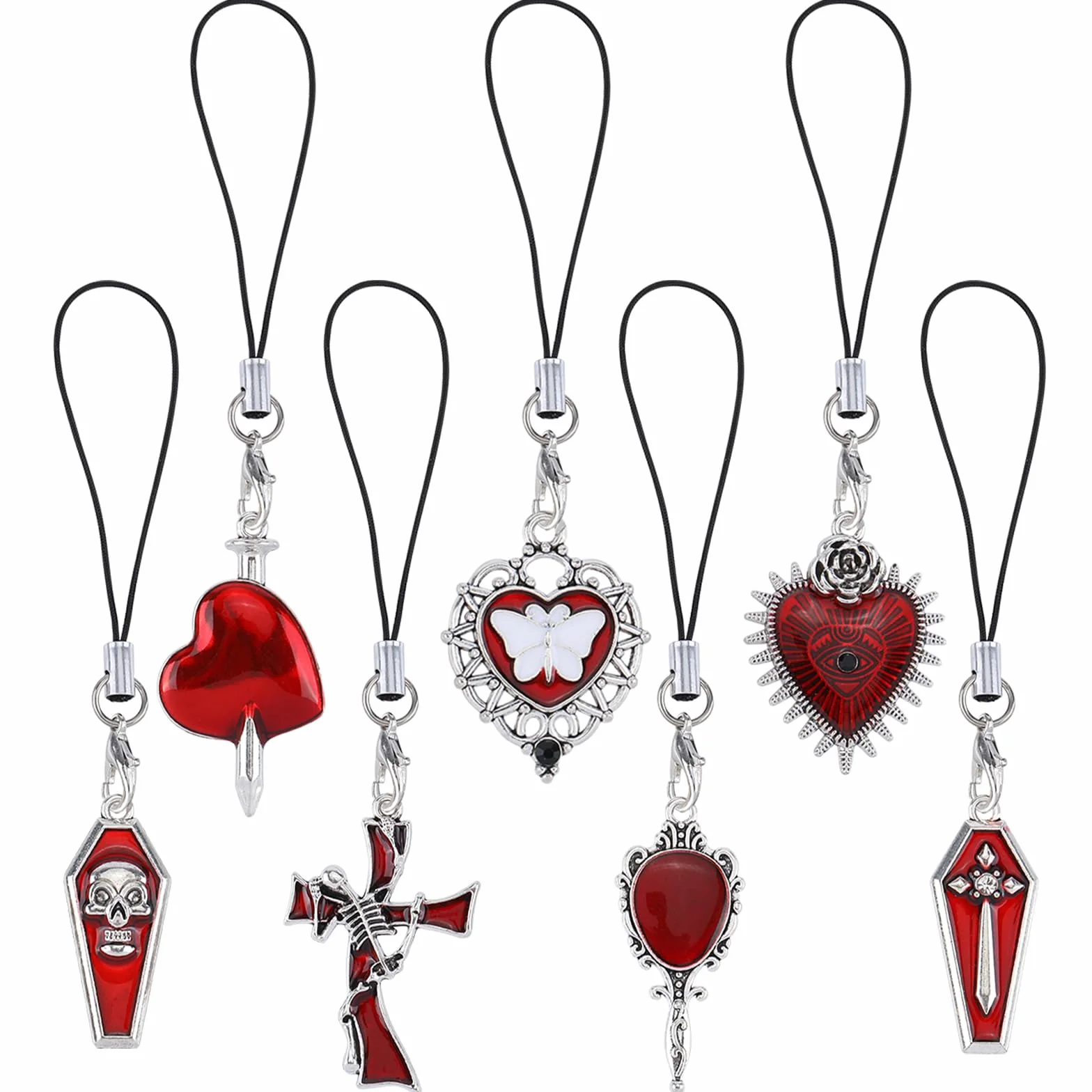BEEFLYING 7Pcs Mignons Charms pour Téléphone Portable, Sangles de Charme de Cœur Gothique Kawaii pour Halloween,Pendentifs Esthétiques Y2K pour Téléphone Sac Porte-Clés Appareil Photo et Portefeuille