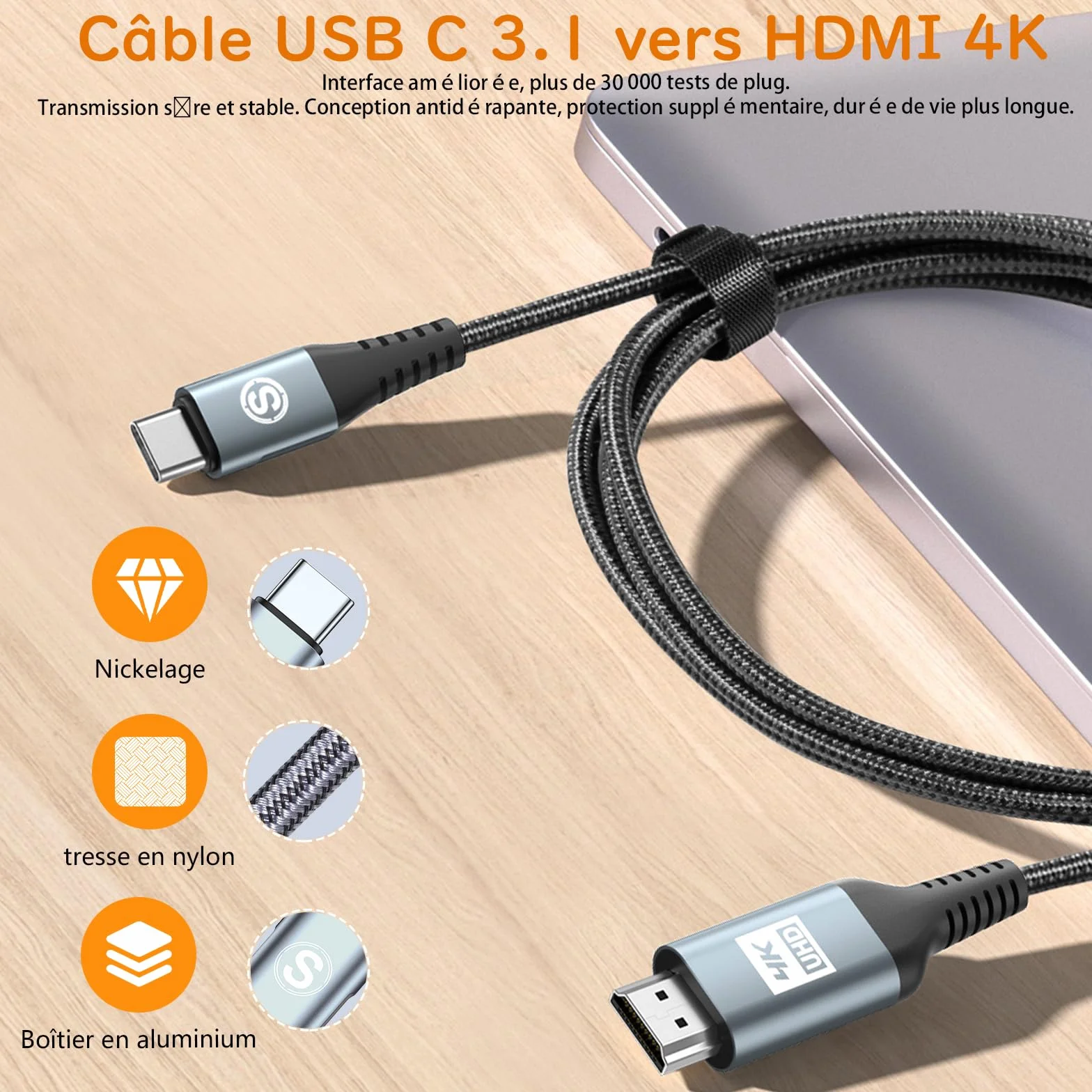 Adaptateur USB C vers HDMI 4K UHD, Câble HDMI USB C 3M, Compatible Thunderbolt 3/4