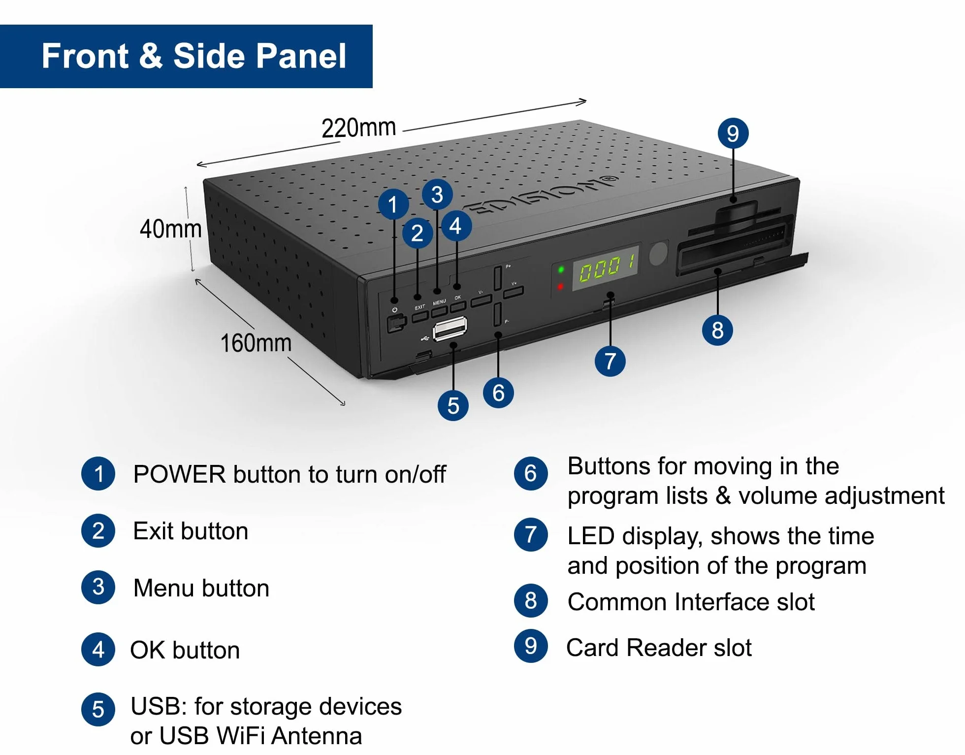 Edision Récepteur combiné PICCOLLO S2+T2/C H.265/HEVC (DVB-S2, DVB-T2, DVB-C) CI Full HD USB noir, télécommande universelle 2 en 1