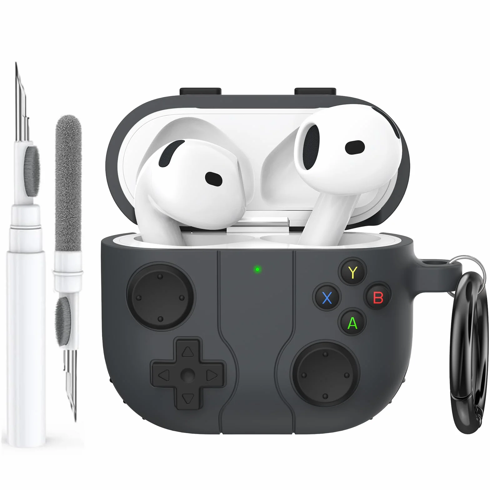 AhaStyle Coque Silicone Souple pour Apple AirPods 4 2024 avec Kit Nettoyage Console Jeu Rétro, Gris Foncé