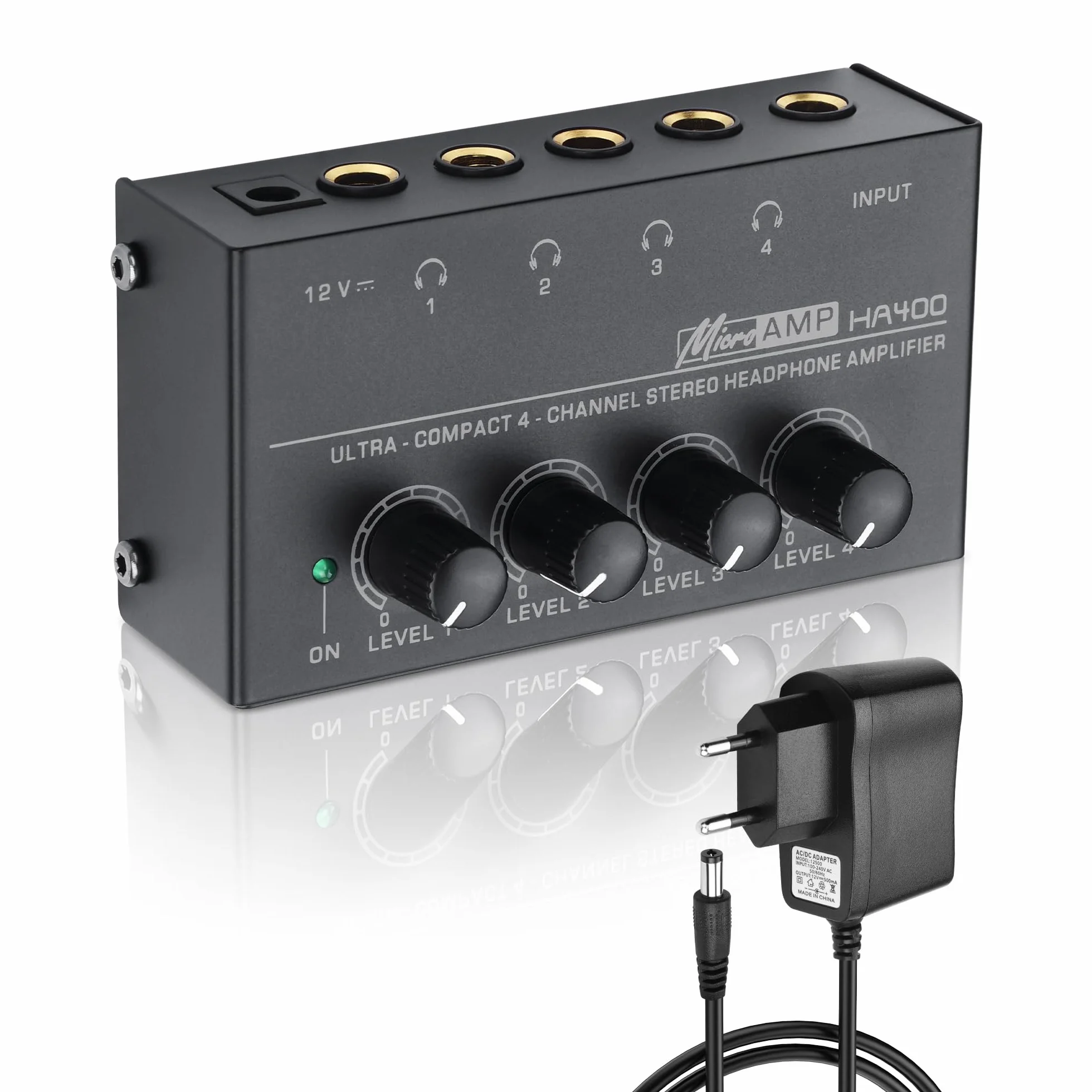 SinLoon HA400 4 canaux amplificateur de Casque stéréo, métal Mini Splitter Audio avec contrôle de Volume indépendant, 1/4 "Sortie et entrée TRS, avec Adaptateur 12V pour Studio, scène, PC, Guitare