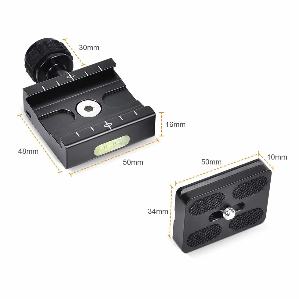 UTEBIT Plaque d'attache Rapide Universal, 50mm Plateau Rapide QR Plate en Alliage d'Aluminium Niveau à Bulle Intégré avec 1/4 et 3/8 Vis Compatible pour Arca-Swiss QR Trépied Monopode Rotule Caméra
