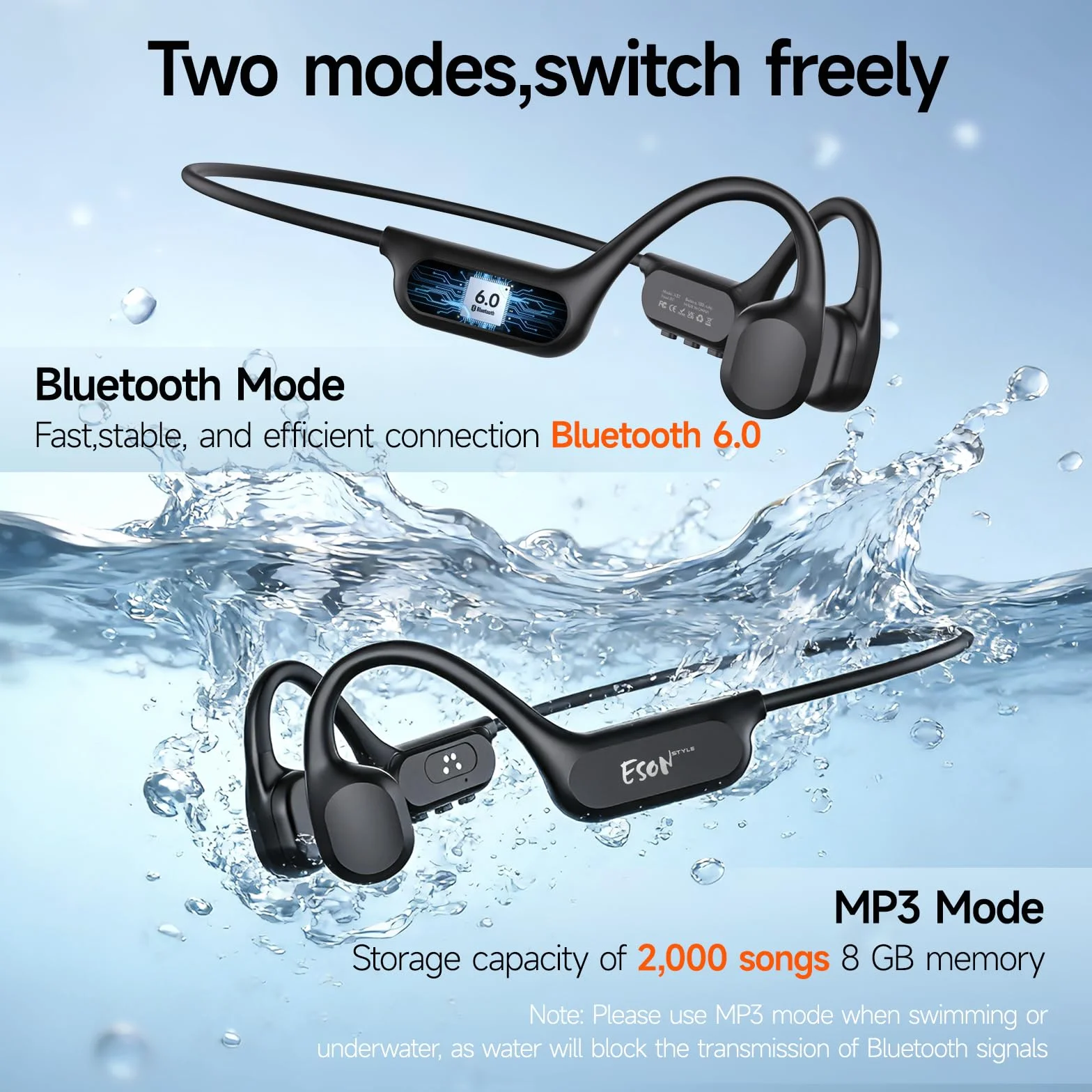 esonstyle Casque Conduction Osseuse Natation Bluetooth 6.0,Casque Étanche IP68,Ecouteur Waterproof Natation Écouteurs Ouverts sous l'eau avec MP3 8G pour Course à Pied, Cyclisme, Sport