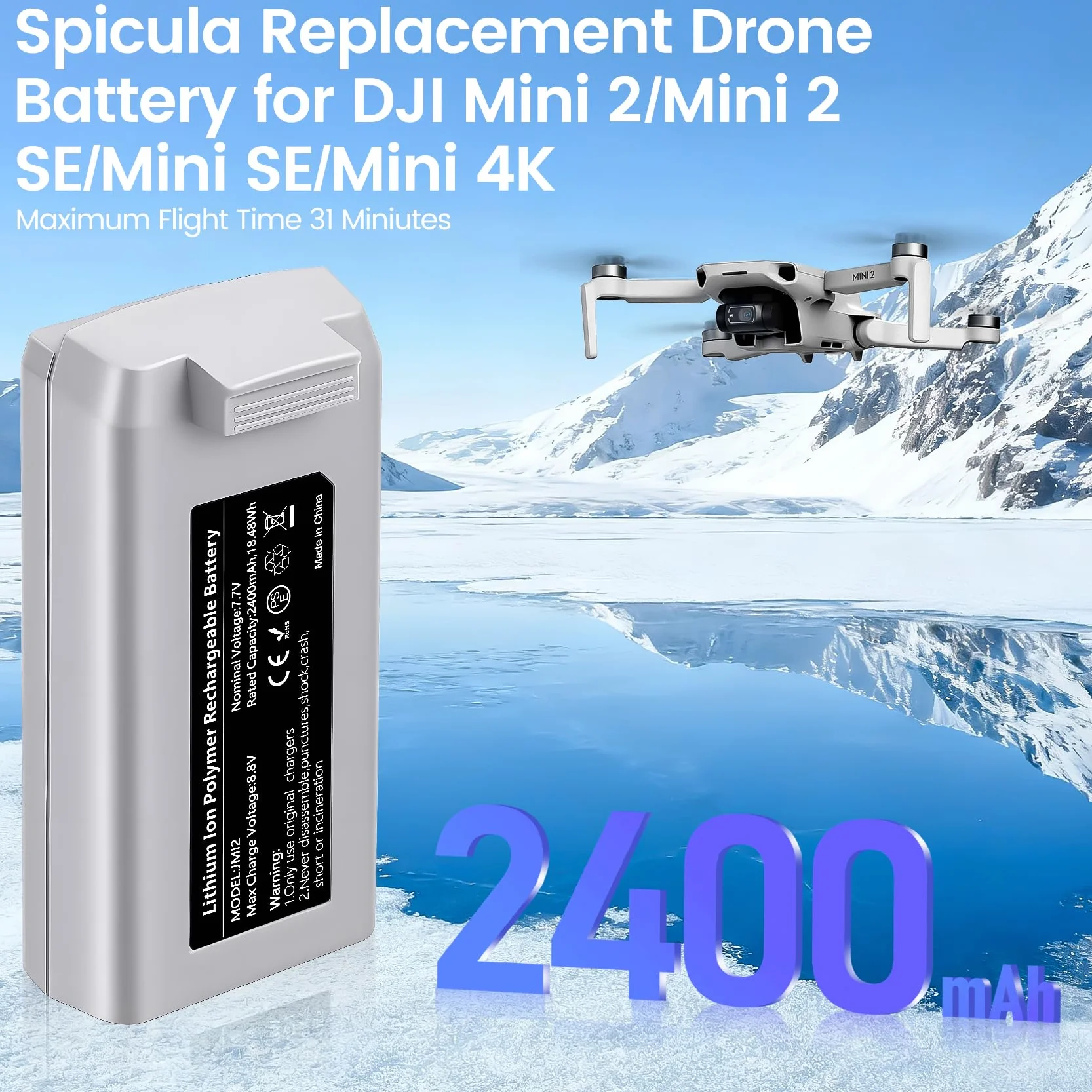 Mini 2, Mini 4K Lot de 2 Batteries de Rechange intelligentes pour Drone d'une capacité de 2 400 mAh autonomie maximale de 31 Minutes compatibles avec Les Drones DJI Mini 4K/2/SE/2 SE