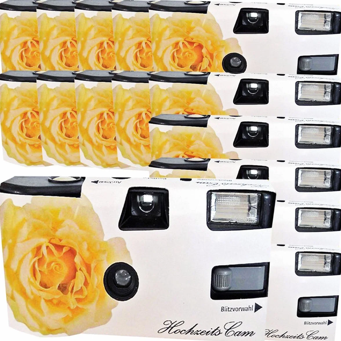 15 x 1A FOTO PORST Caméra de mariage Pure Passion Yellow Rose - Lot de 15 appareils photo jetables avec flash (27 photos 400 ASA)