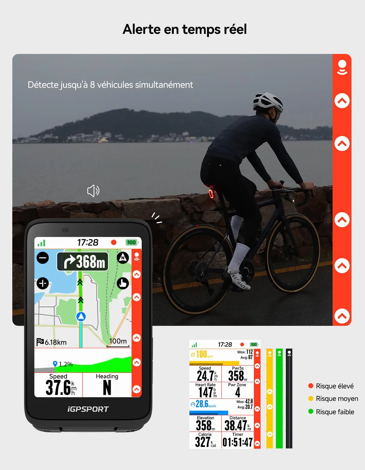 iGPSPORT SR Mini Feu Arriere Velo Radar 160m Detection Radar Alerte Lumineuse Avertisseur Frein 7 Modes Eclairage 220° 20H Ant+ Bluetooth 5.0 IPX7