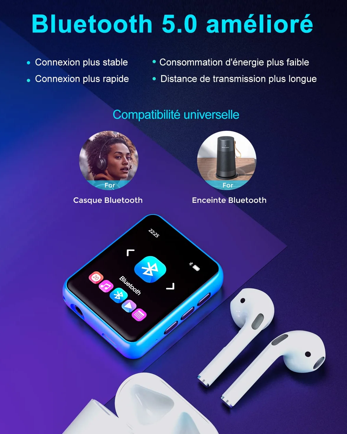 Lecteur MP3 Bluetooth 5.0 32 Go avec écran tactile complet, lecteur de musique Hi-Fi sans perte avec boîtier en métal, avec radio FM, haut-parleur, enregistrement ligne, prise en charge jusqu'à 128 Go