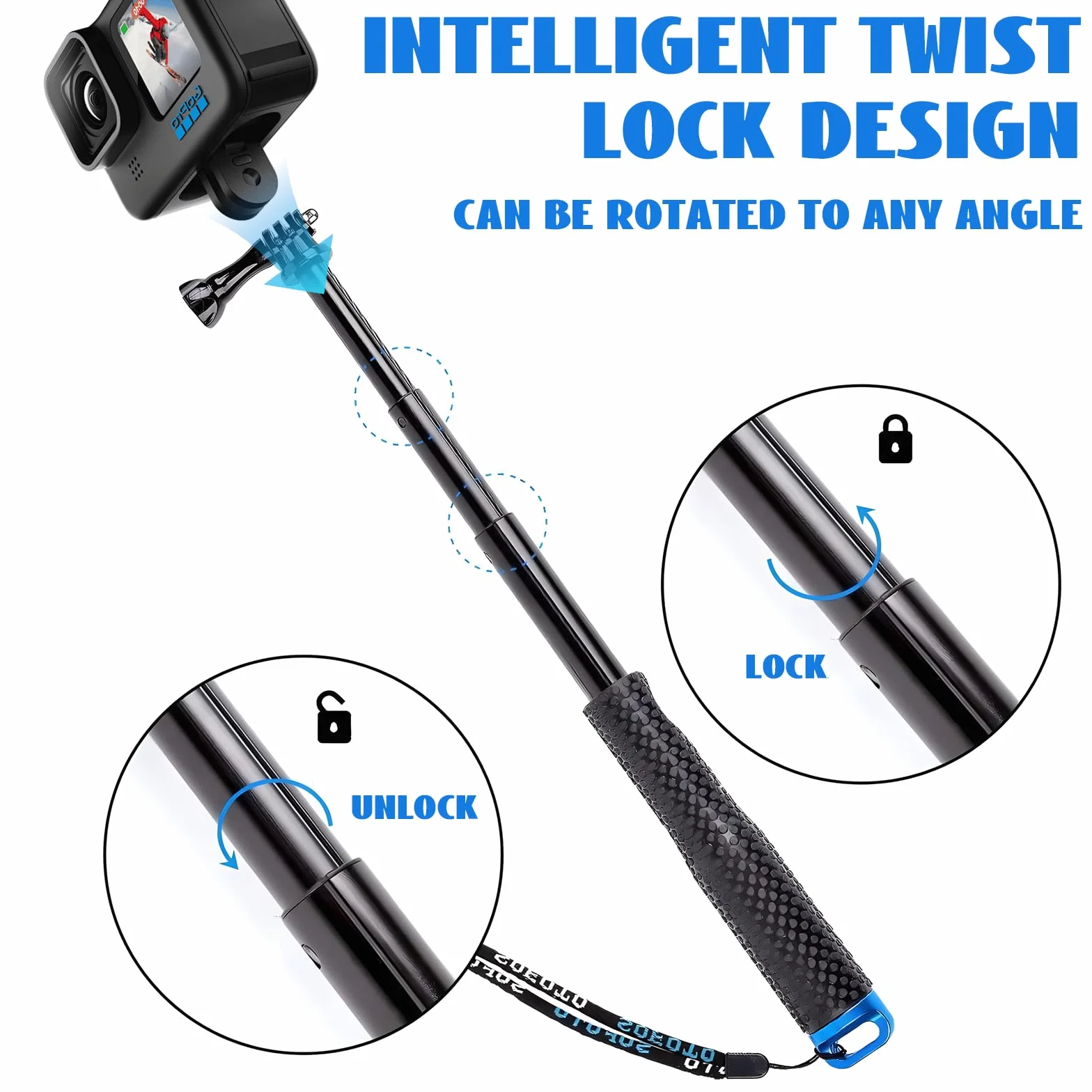 19-49 cm Stick Selfie étanche, Telescopic Pole, Bâton de Selfie étanche en Aluminium Caoutchouté Extensible, Adapté pour GoPro3 + / 4/3/2/5, 19 Pouces, pour plongée, l'escalade, Plein air, Surf