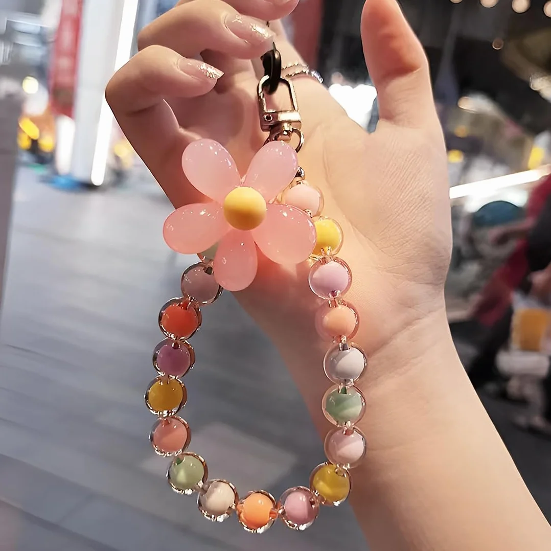 Chaîne de téléphone portable courte avec fleurs, bracelet porte-clés, lanière, perles pour téléphone portable, compatible avec tous les téléphones portables, cordon universel pour téléphone
