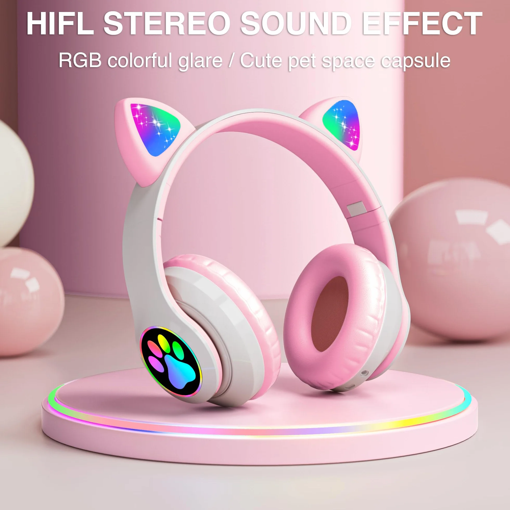 OHAANYY Casque Bluetooth pour Enfants sans Fil,Casque Cat Pliable avec LED Flash Lumières Glow, Enfants Bluetooth 5.0 avec Microphone et Contrôle du Volume, Carte Slot pour PC/Tablettes/TV (5)