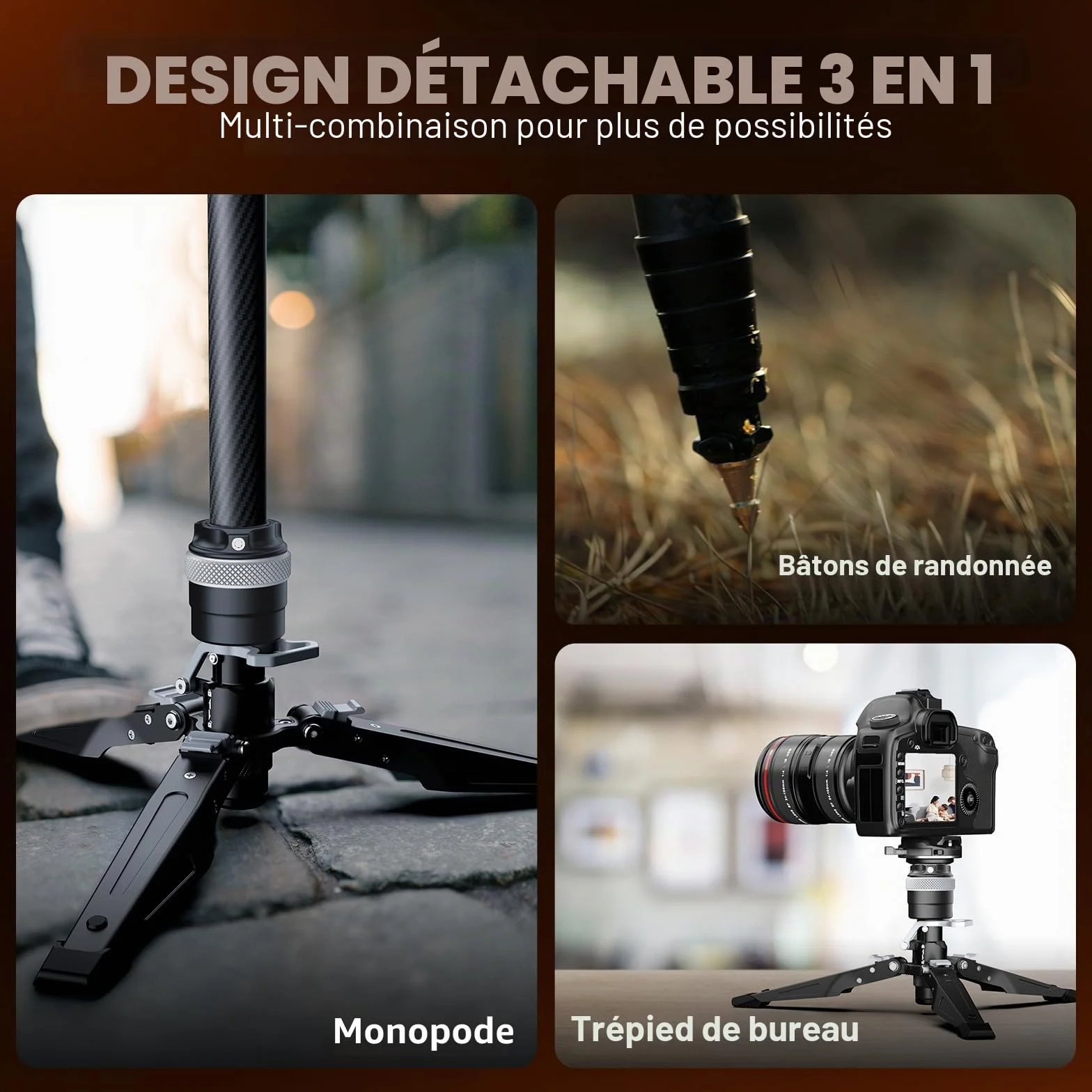 Monopode pour Appareil Photo, Monopode Extensible en Fibre de Carbone avec Pieds, 165cm avec tête à 360°, système de Fixation Rapide Arca, Charge Max 10 kg Caméra monopied (M1S)