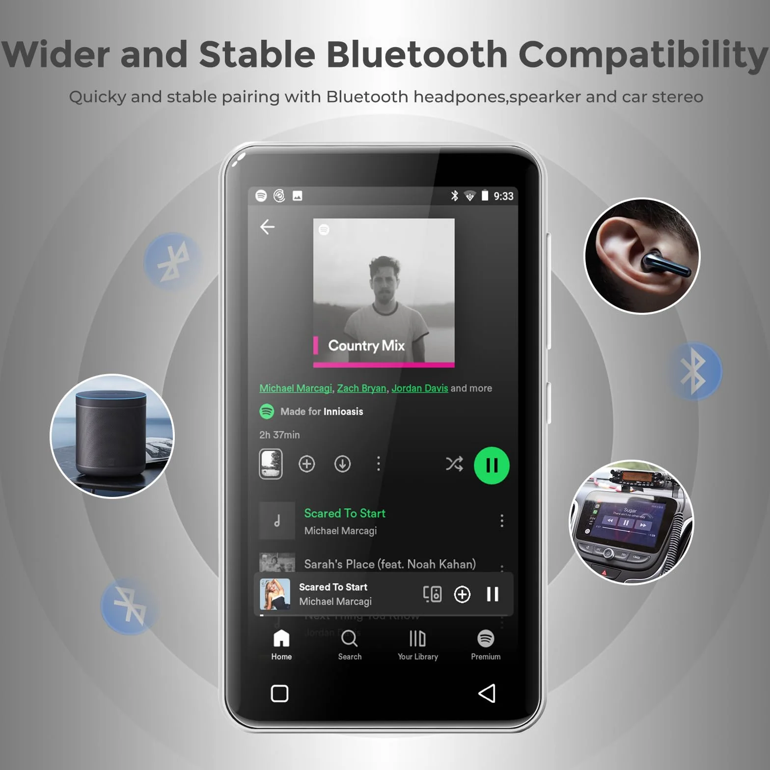 innioasis 80Go Lecteur MP3 Bluetooth WiFi 4 Pouces 1080P Écran Tactile Spotify Tidal Deezer Blanc