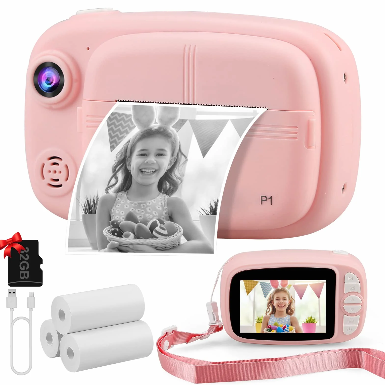 Appareil Photo Instantané Enfant, 3,5" Appareil Photo Enfants Cadeaux pour 3 à 14 Ans, Papier d'impression sans Encre et 32GB Carte, 12MP 1080P Enregistreur Photos Vidéo 3 en 1 Jouet (Rose)