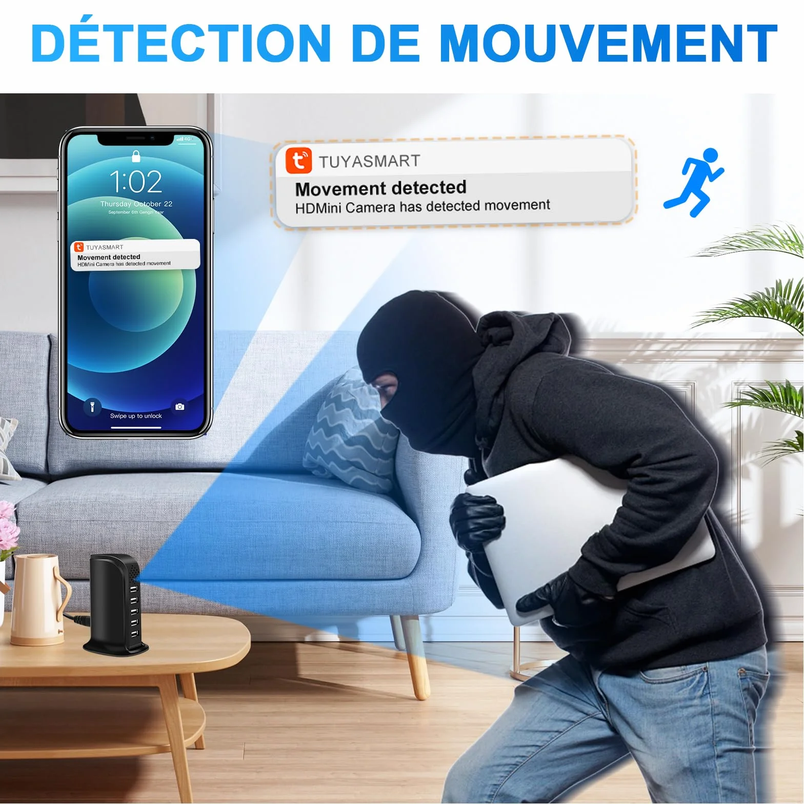 Caméra Espion WiFi 2.4 & 5G, Chargeur USB à 5 Ports avec Mini Caméra Espion Cachée, HD 1080P Micro Camera Cachée WiFi Supportant la Détection de Mouvement et l'enregistrement en Boucle