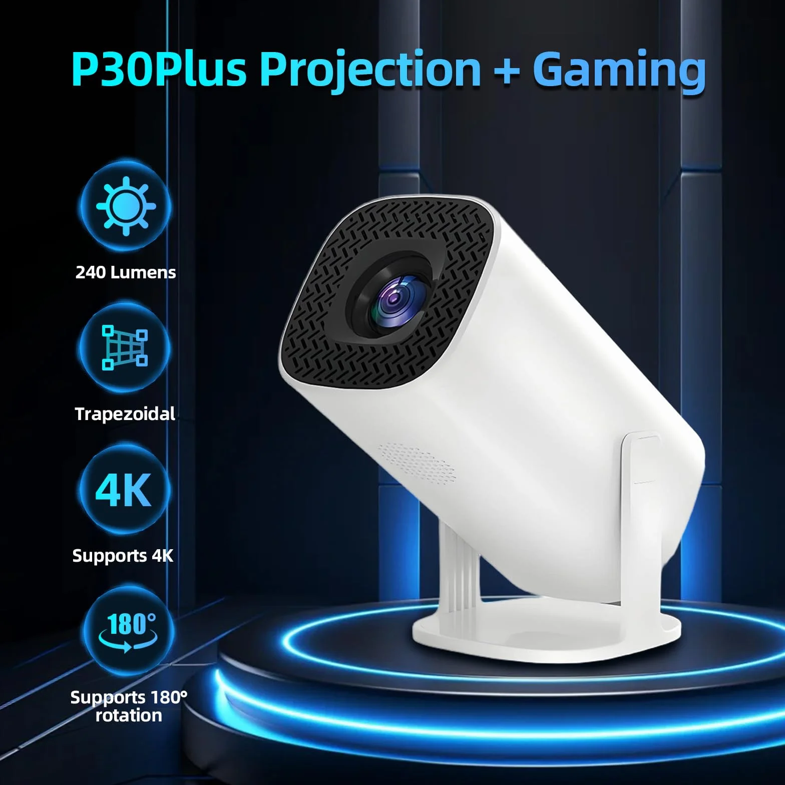 P30Plus 4K Projecteur de Jeux Vidéo avec 2 Manettes Sans Fil, 14 Émulateurs Intégrés, 36000+ Jeux, Blanc