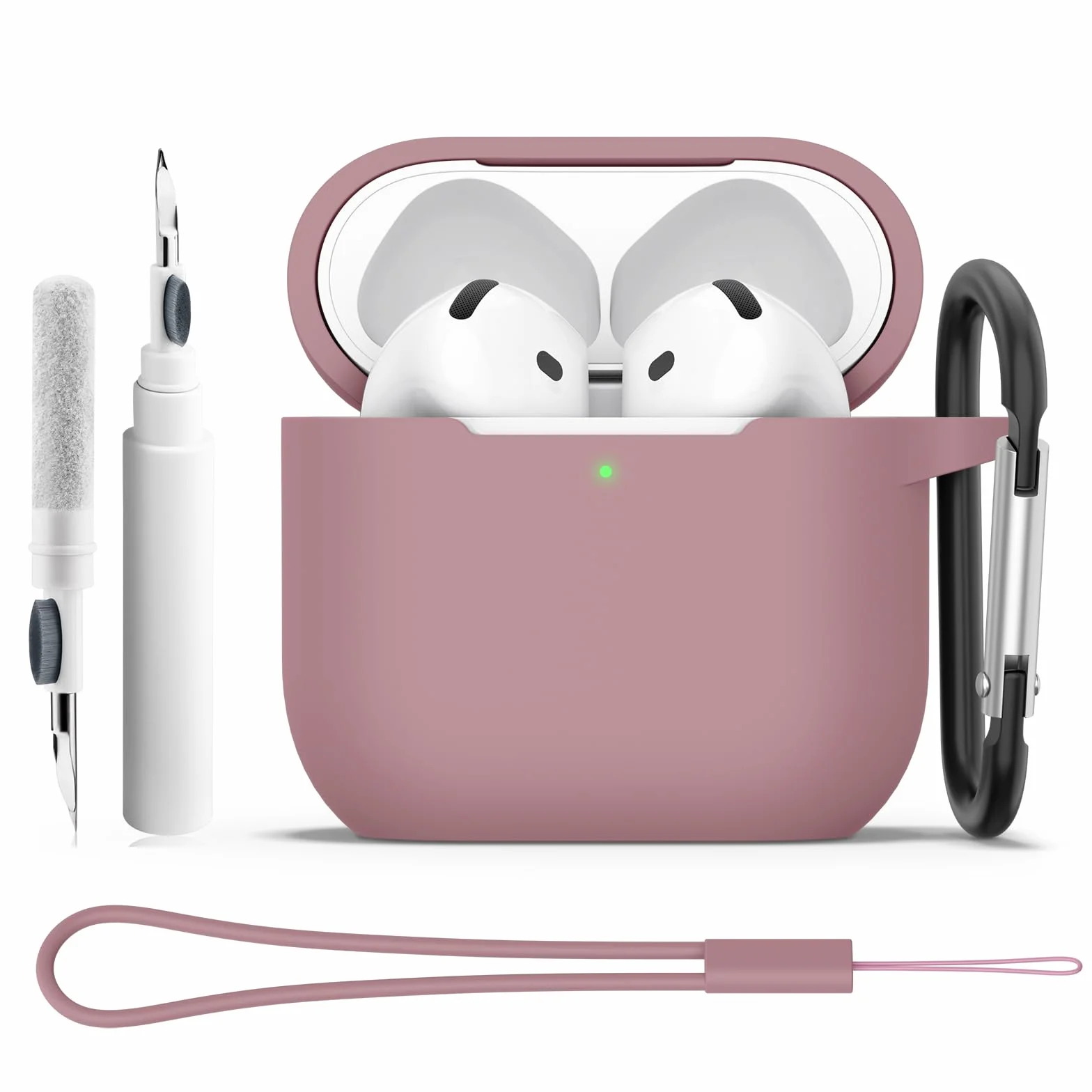Coque Étui pour AirPods 4 2024, Housse de Protection en Silicone Ultra-Fin Antichoc 2mm, Accessoires 4-en-1 avec Mousqueton et Cordon
