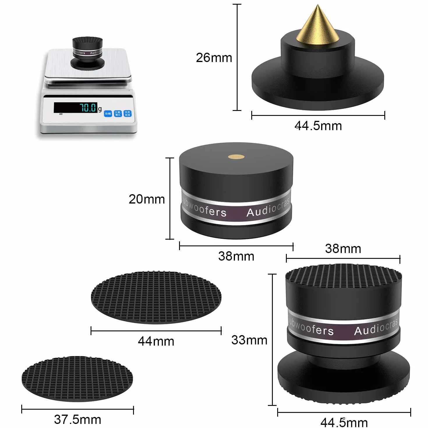 Lot de 4 haut-parleurs en aluminium - Pieds - Réglable en hauteur avec rondelle - Absorbeur de chocs - Pour haut-parleurs, appareils Hi-Fi, caisson de basses et CD DAC - Noir