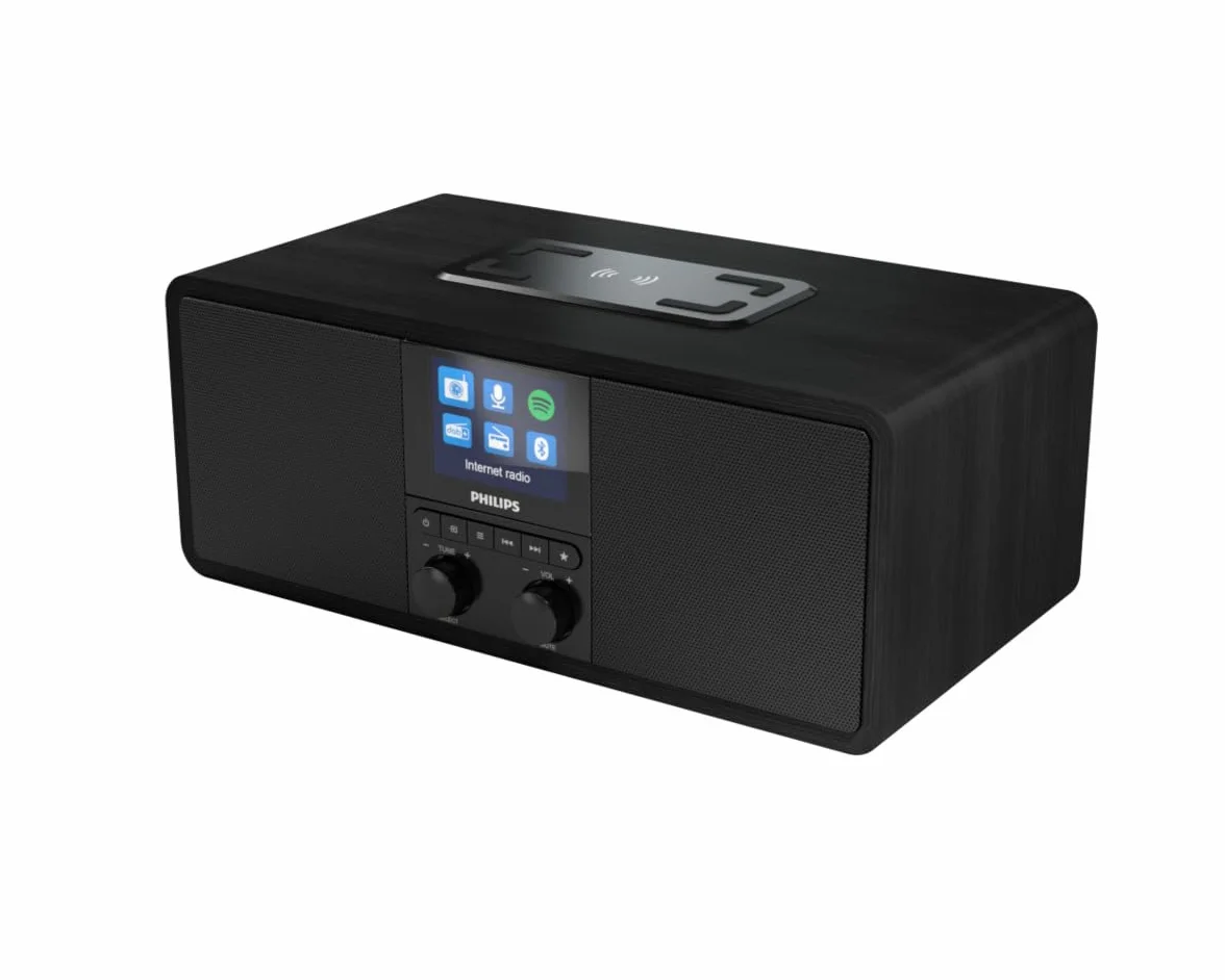 Philips R8805/10 Radio Internet, Radio Bluetooth avec Spotify Connect (Bloc de Chargement Qi pour téléphones Mobiles, USB, Mise en Veille programmable, Alarme duale) Noir