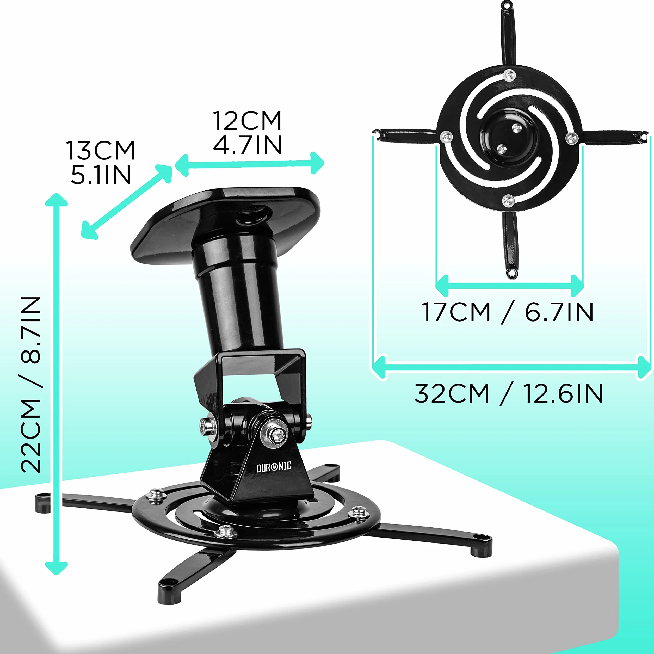 Duronic PB01XB Support Vidéoprojecteur Plafond Rotatif 360° Inclinable 180° Pivotant 180° 10 kg