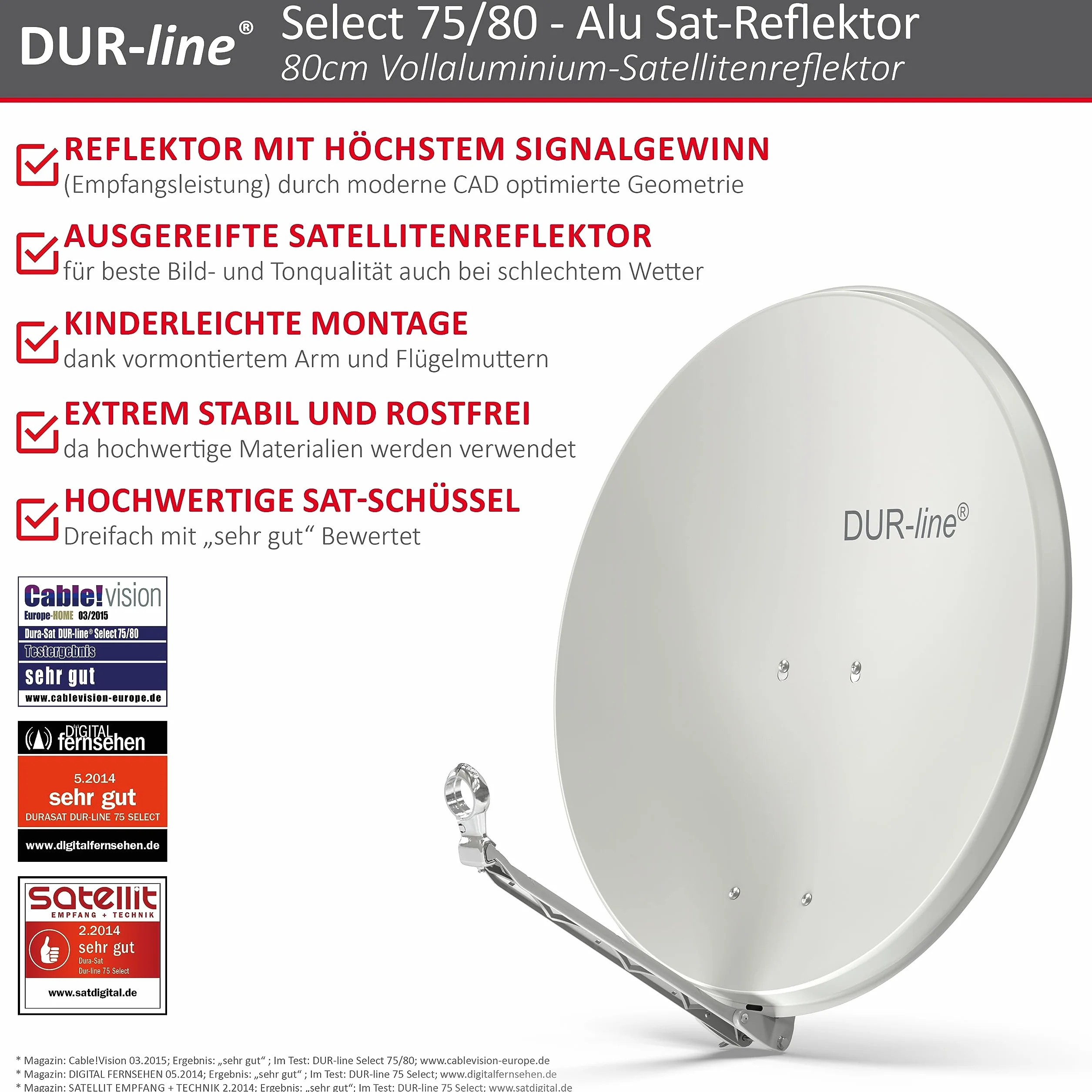 DUR-line sELECT 75/80 x 3 cm Antenne Parabolique Satellite Camping Car, Parabole Aluminium