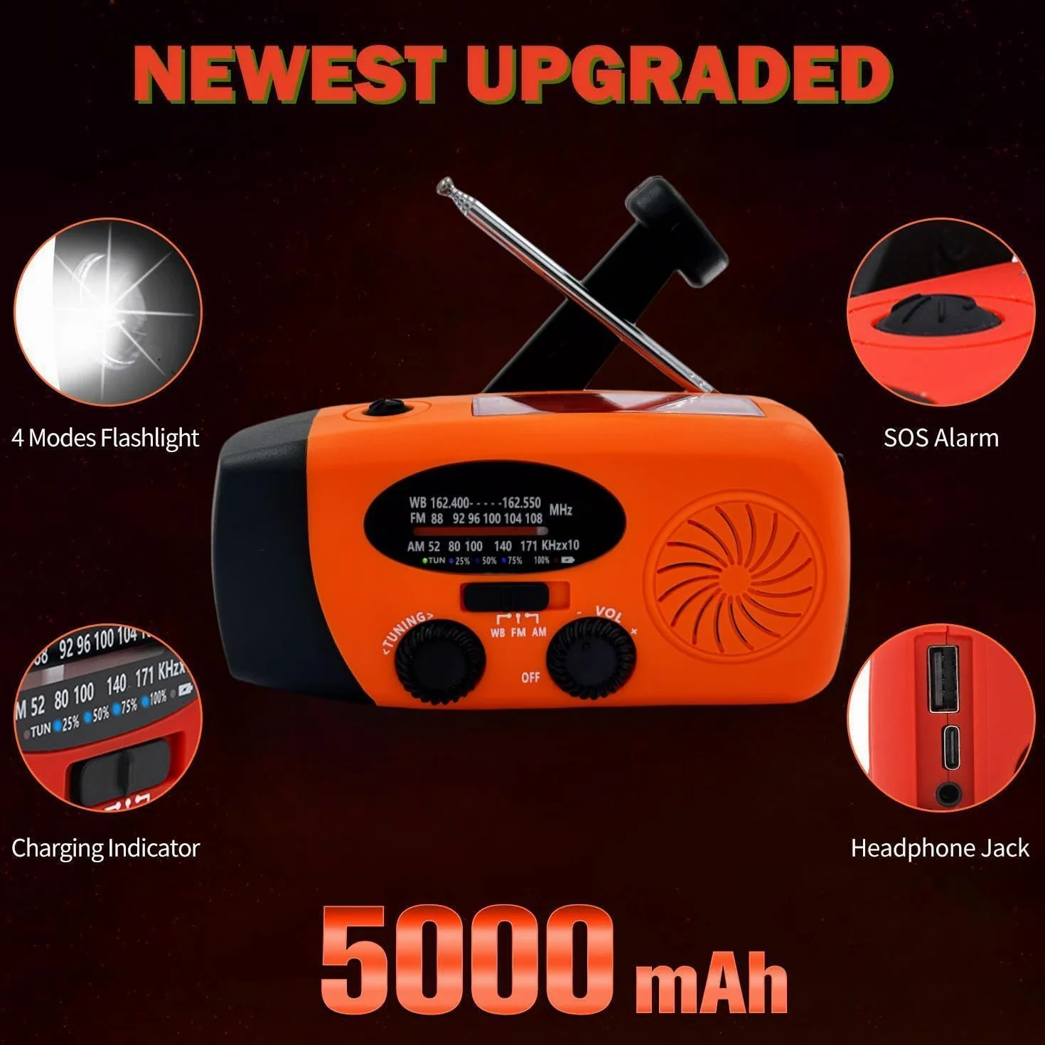 Radio Solaire 5000mAh Portable d'urgence à Manivelle Dynamo avec AM/FM Radio à Piles Dynamo, Survie Poche LED Charge de Téléphone à Manivelle pour la Randonnée et l'extérieur (Orange)