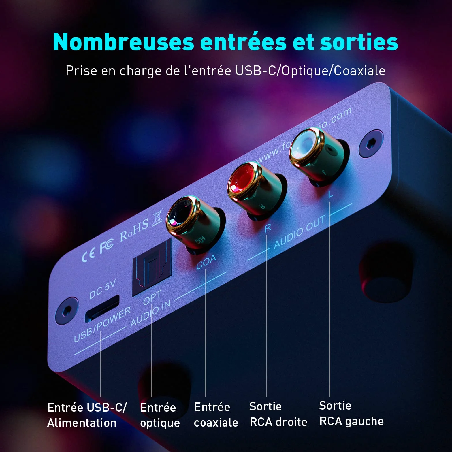 Fosi Audio K5 Pro Amplificateur Casque USB C DAC HiFi, Entrées USB/Optique/Coaxiale/Microphone vers Sortie AUX/RCA 3,5 mm, Ampli DAC de jeu Haute Résolution pour PS5/PC/MAC/Haut-Parleurs Actifs